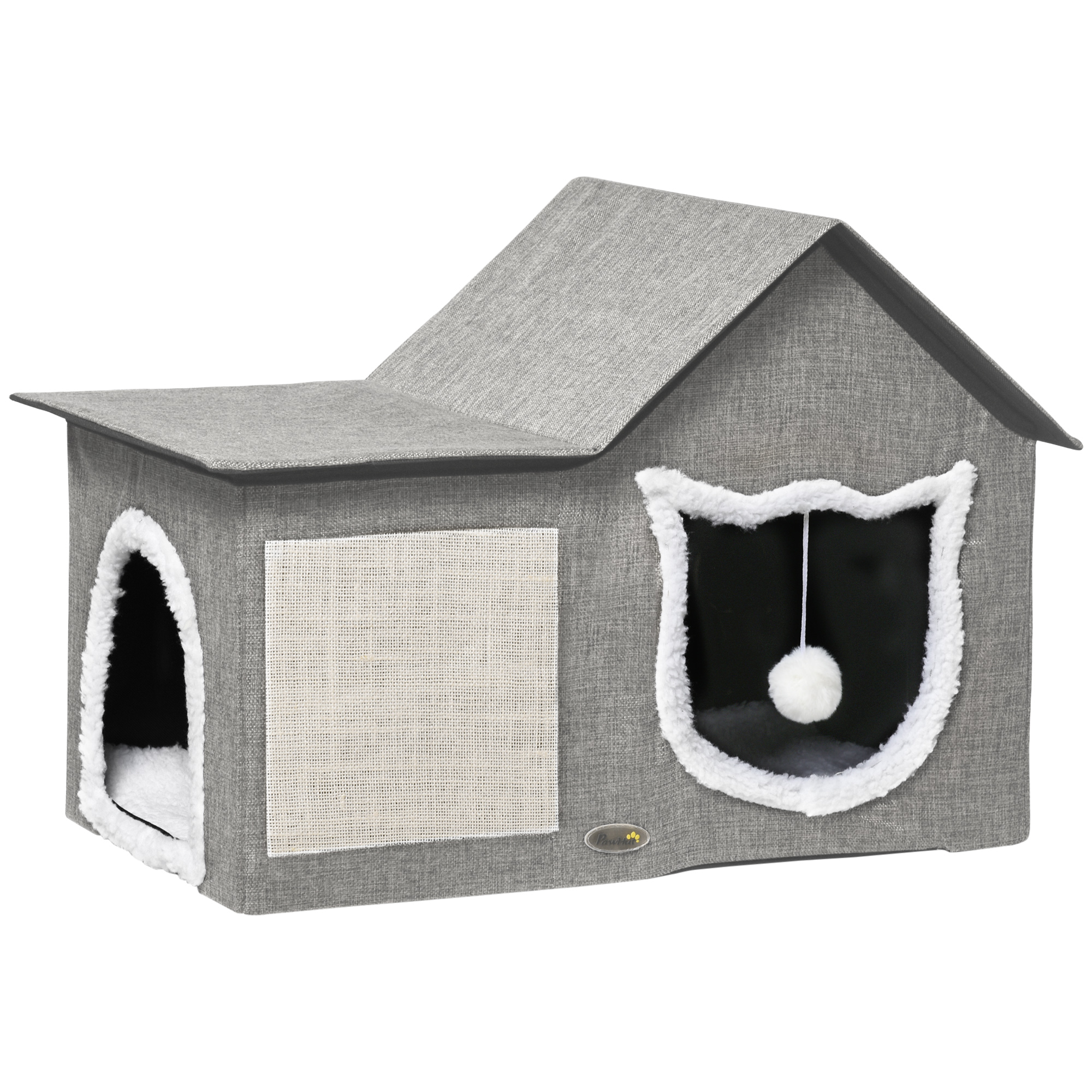 Katzenhaus mit Kratzfläche, inkl. Spielball, Katzenhöhle, 65 cm  x 41 cm x 45.5H cm, Braun + Weiß + Beige