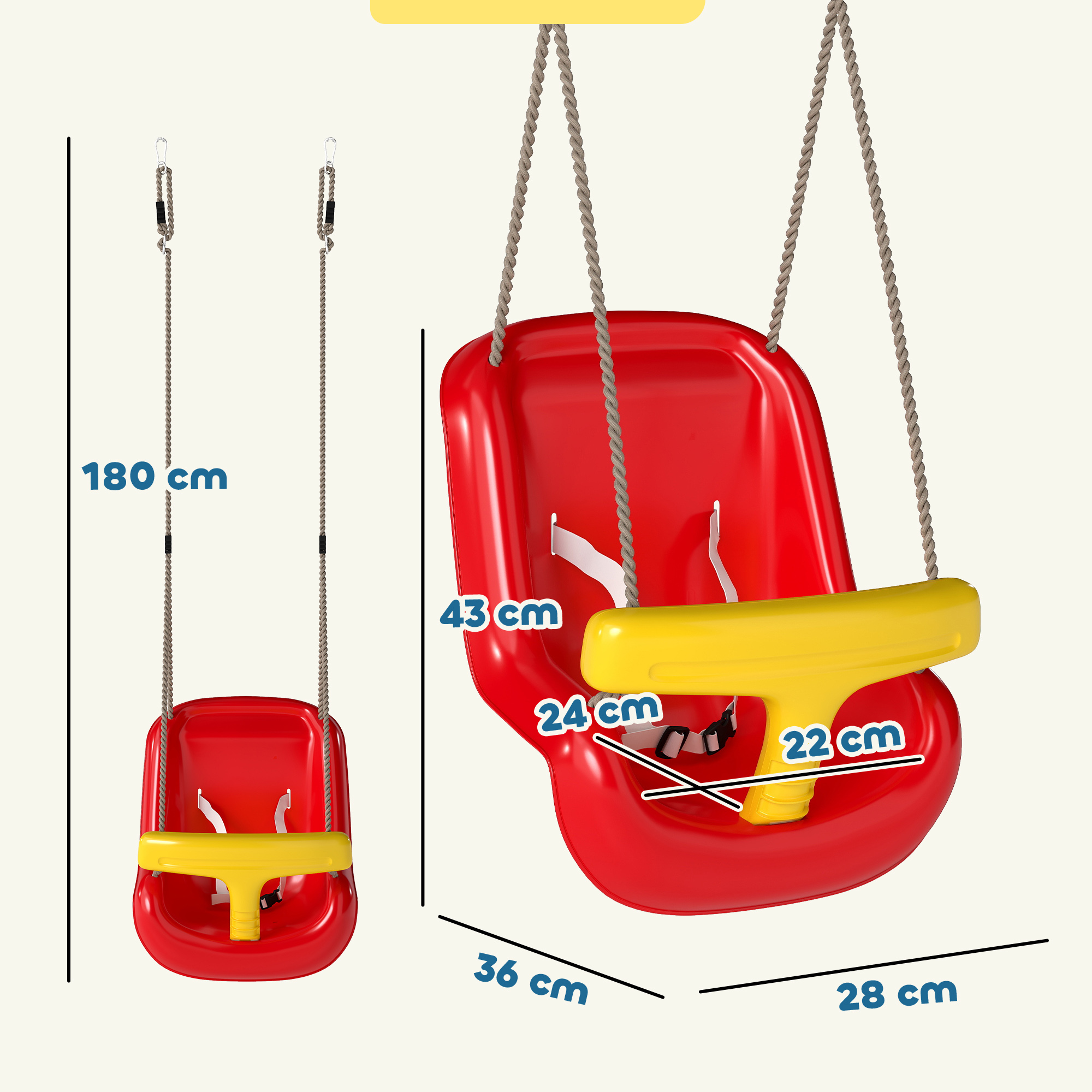 Babyschaukel verstellbar Mitwachsend Babysitz mit Rückenlehne, Sicherheitsgeländer, für Kinder von 9-36 Monaten, Rot