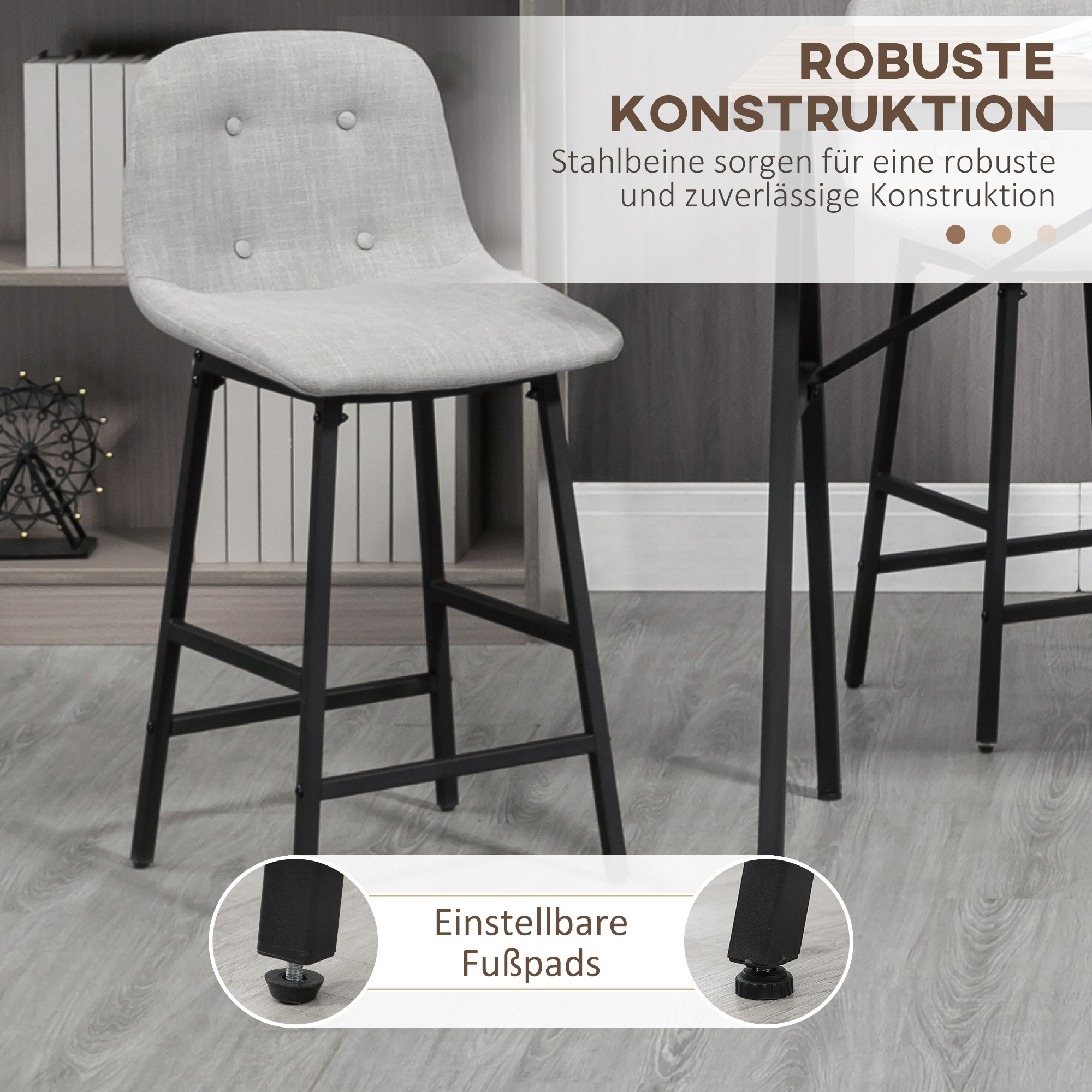 Bartisch mit Barhockern im Industrie-Design, Knopfheftung, 120 cm x 60 cm x 91 cm, Hellgrau