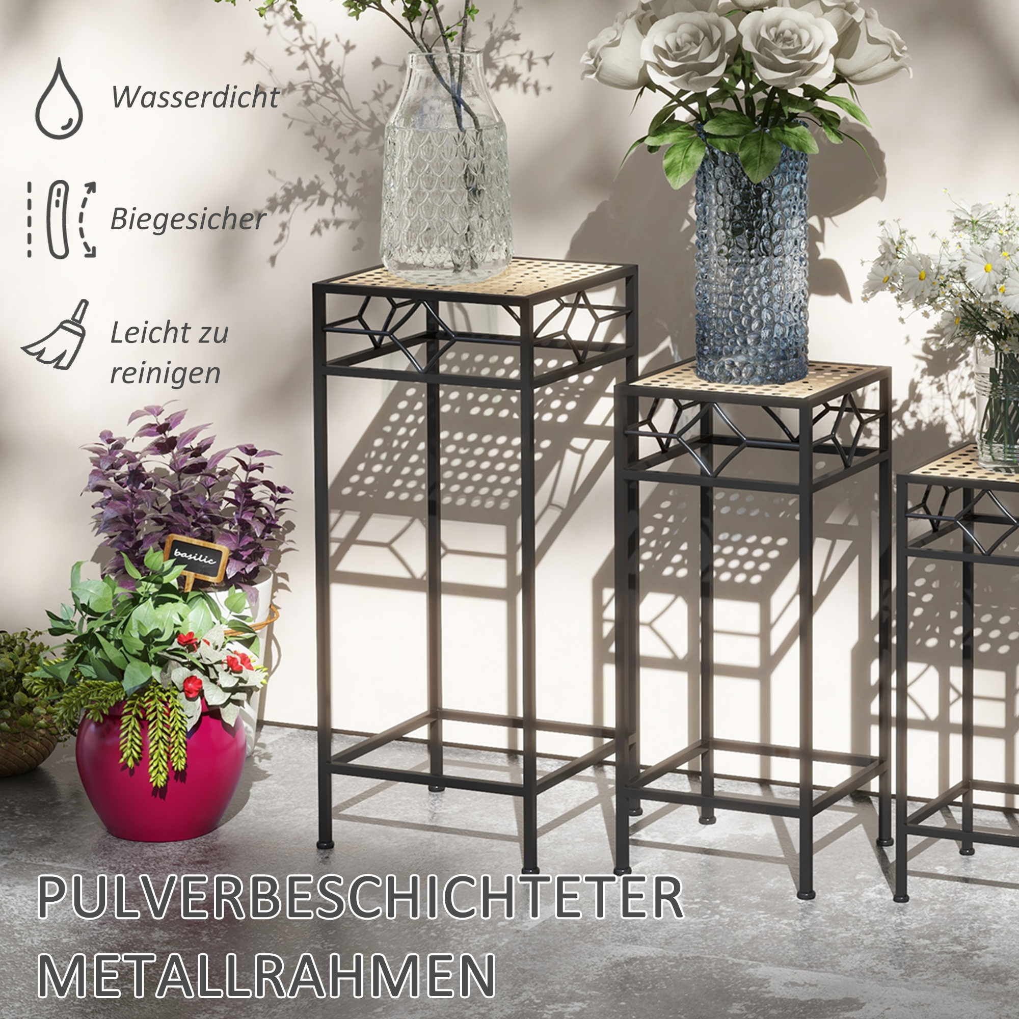 Blumenständer, 3er-Set, rund, stapelbar, Rattanoptik, Metallbeine, In- und Outdoor, Schwarz/Gold