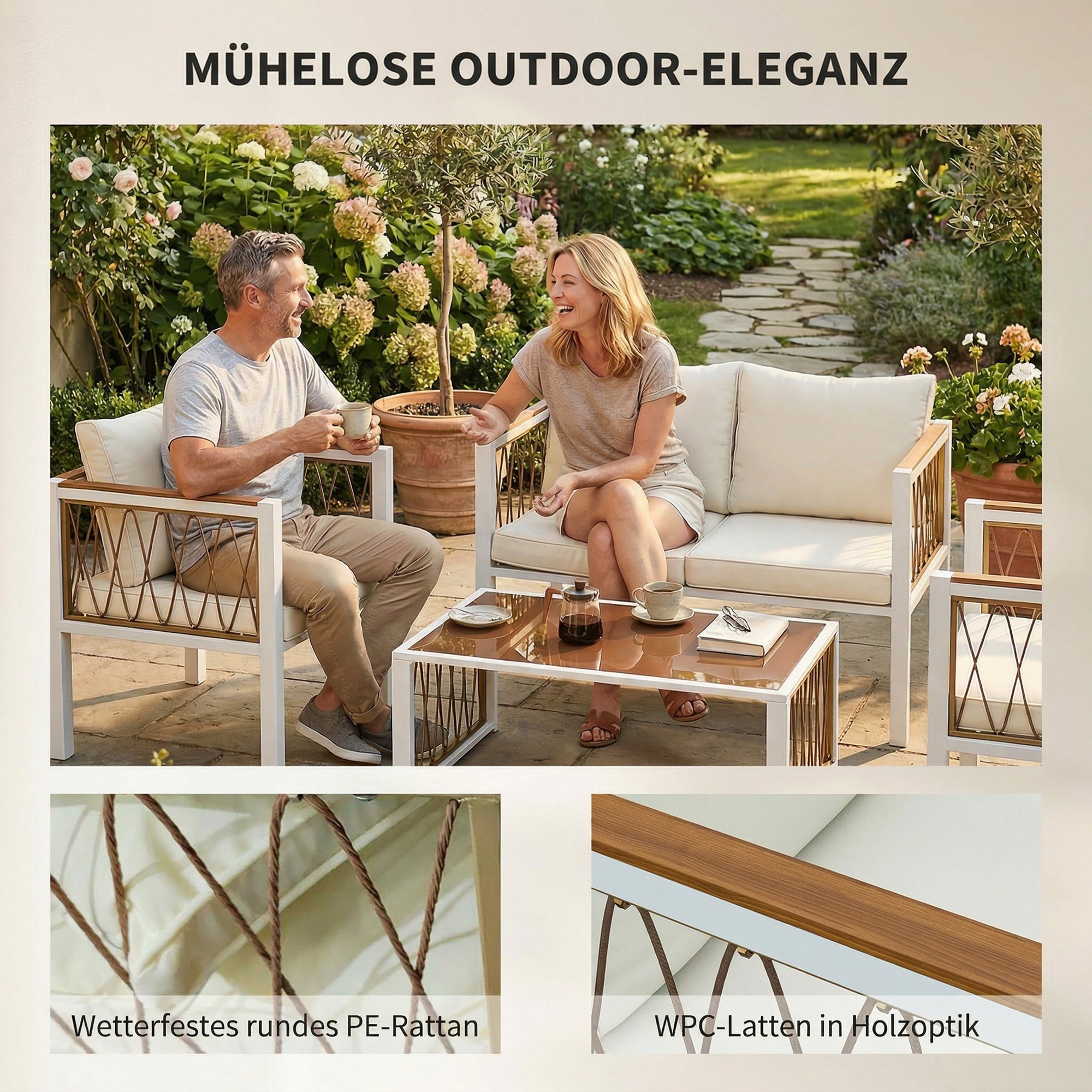 Gartenmöbel Set 4-teilig Polyrattan Lounge-Set mit Zweisitzer 2 Sessel Glastisch abnehmbar Kissen rutschfesten Matte
