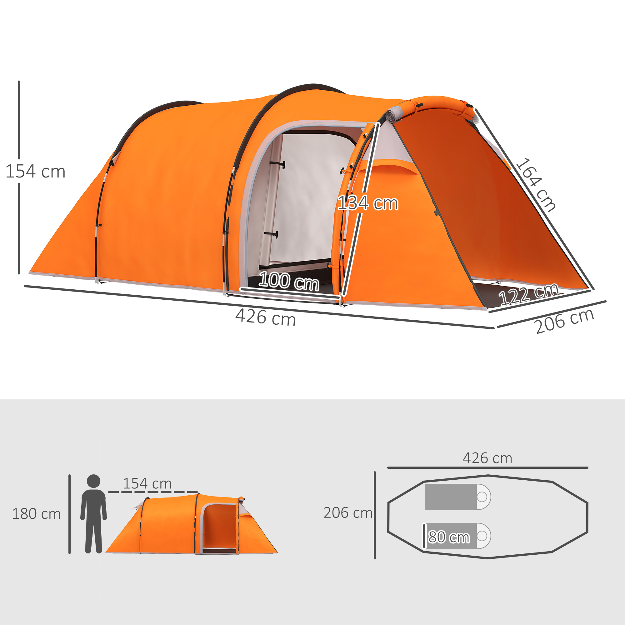 Tunnelzelt für 2-3 Personen, Campingzelt mit Vorraum Lampenhaken 2000mm Wassersäule Orange