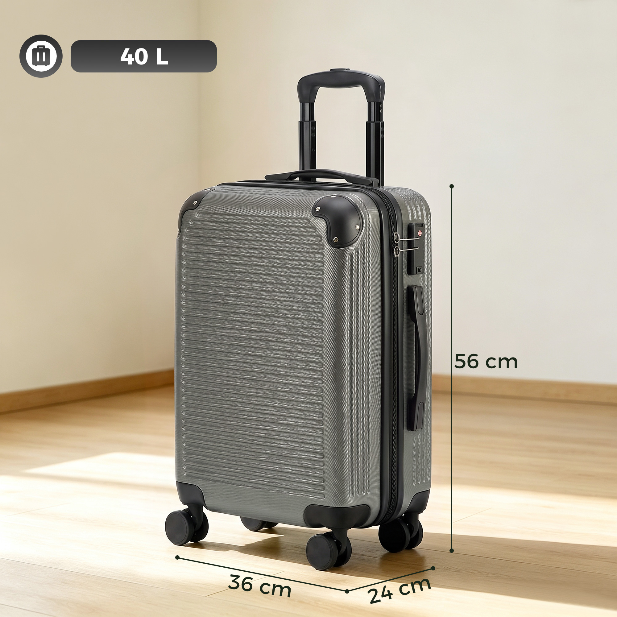 Handgepäck Koffer Hartschalen Reisekoffer mit 4 Rollen 56 cm Dunkelgrau