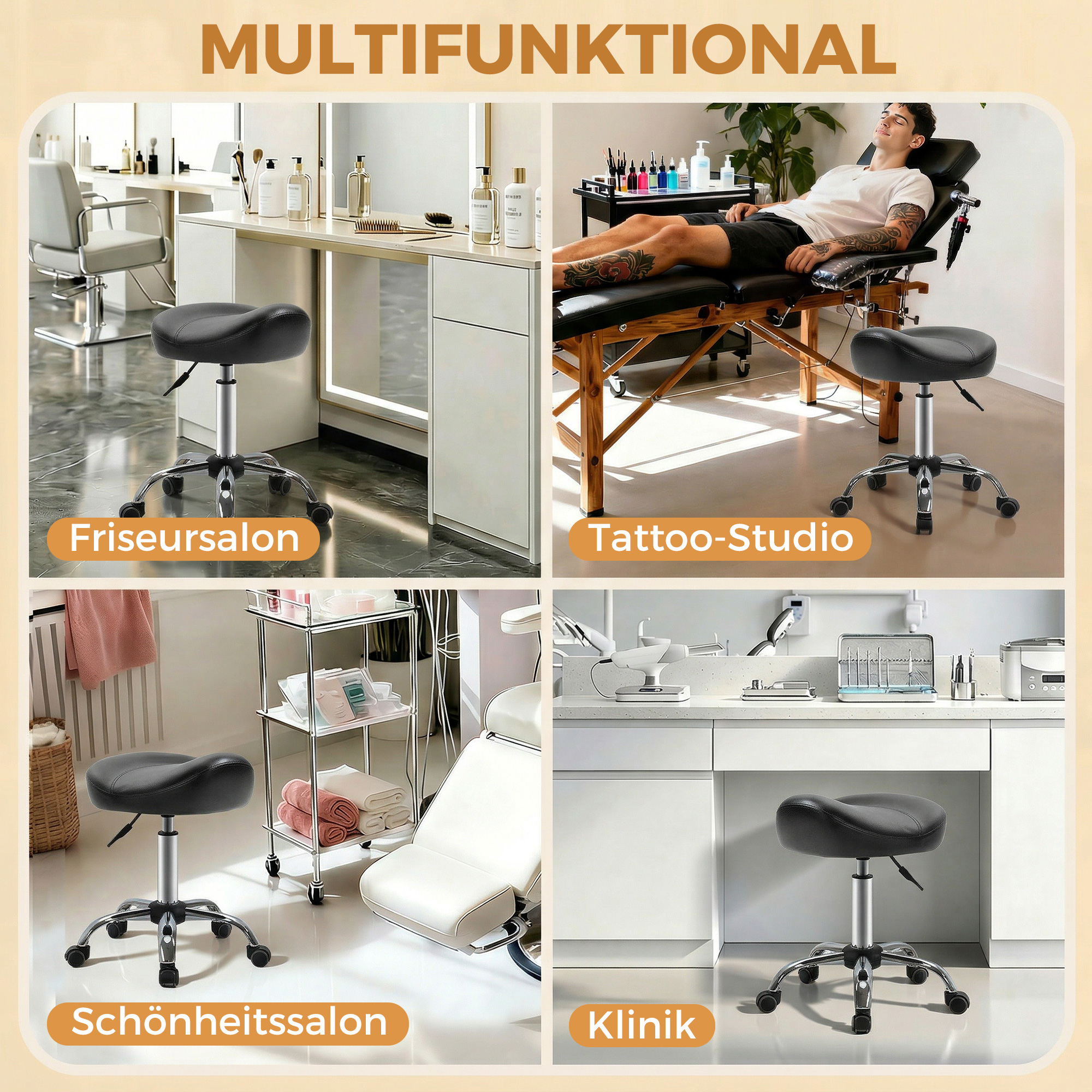 Salonhocker mit Sattelsitz, höhenverstellbar, Kunstleder, 48x48x54-69cm, Schwarz