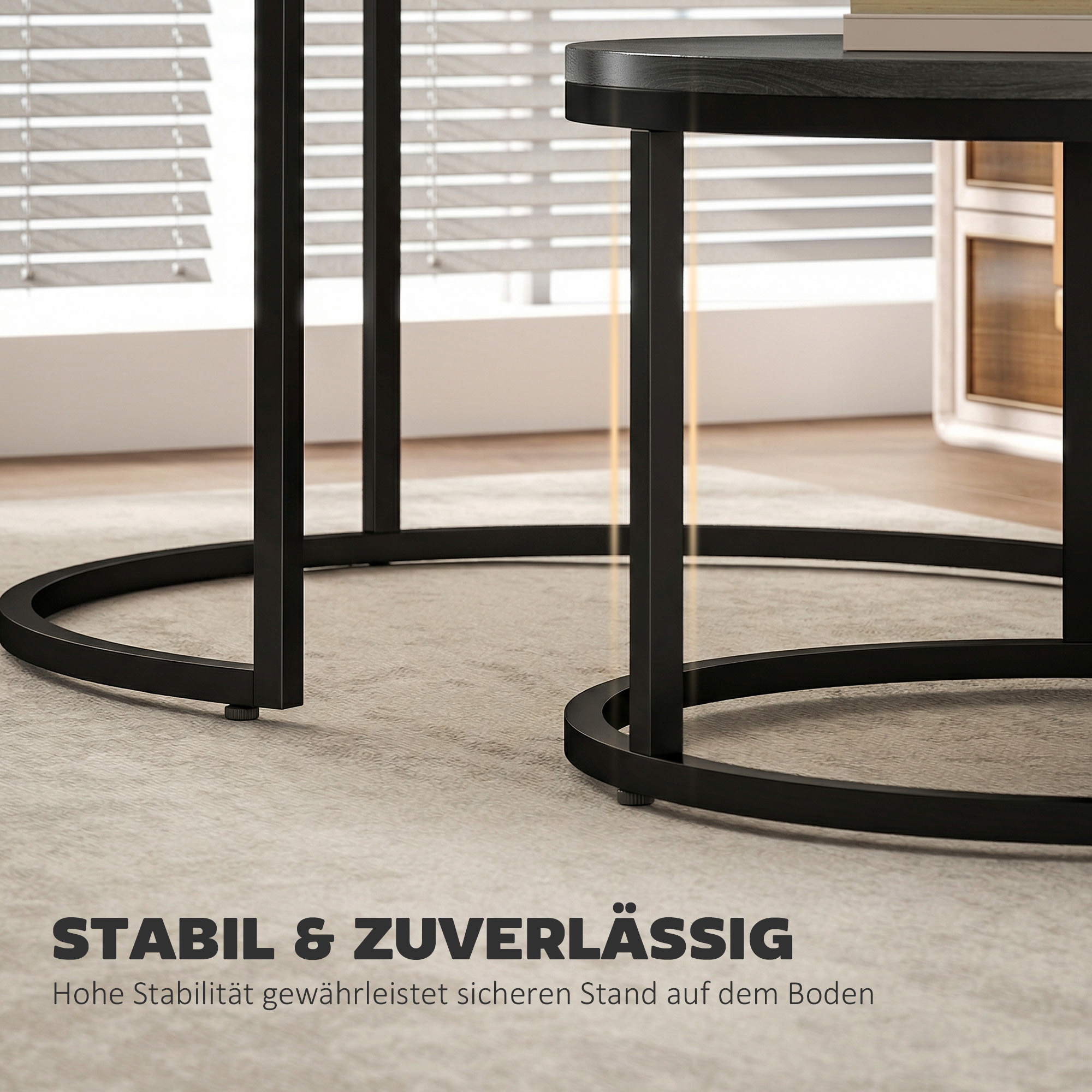 Modernes Kaffeetisch 2er-Set, Stapelbare Beistelltische mit Metallgestell für Wohnzimmer, Schlafzimmer, Büro, Schwarz