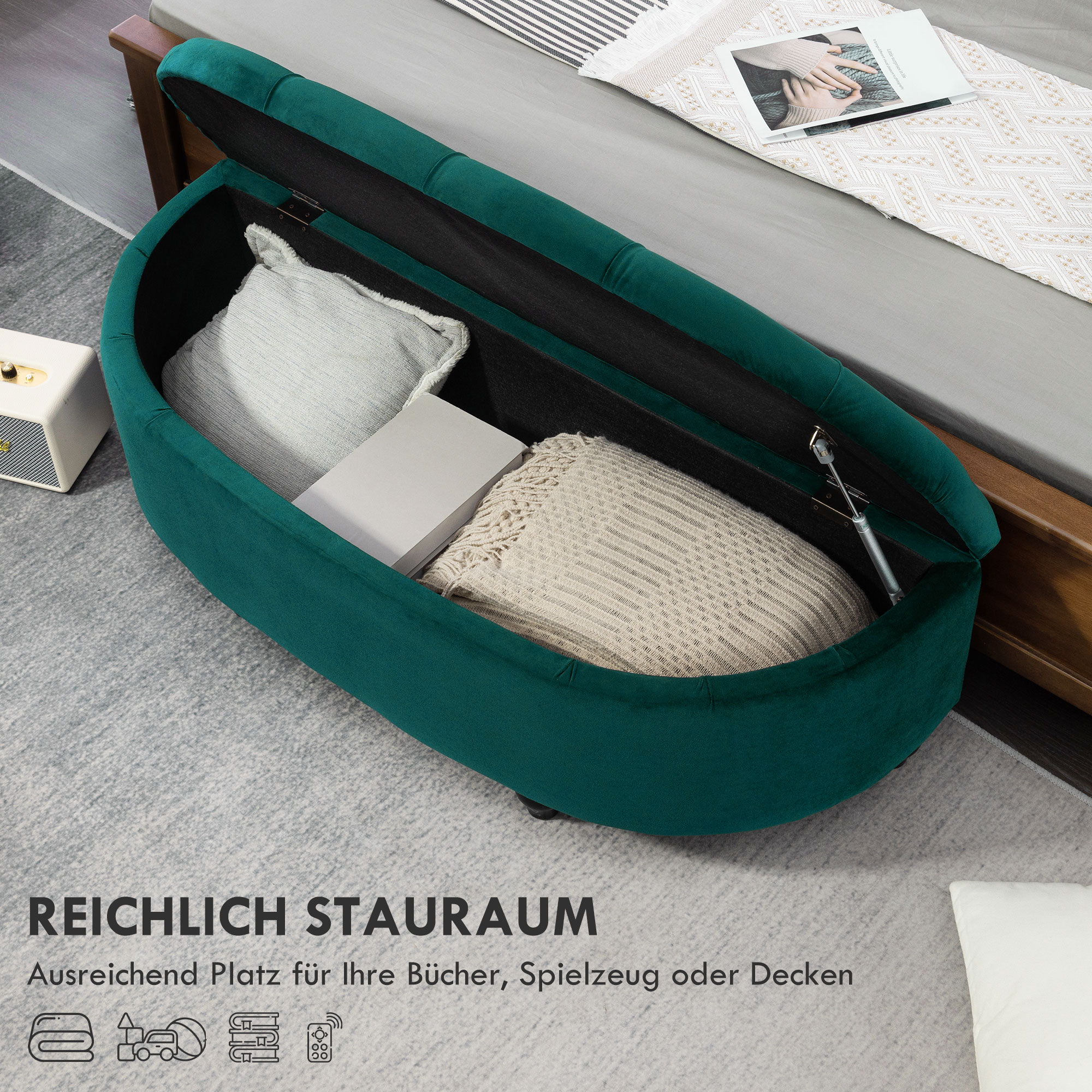 Hocker mit Stauraum, Sitztruhe, gepolstert, soft-close Deckel, Samtoptik, 120 x 46 x 42 cm, Dunkelgrau