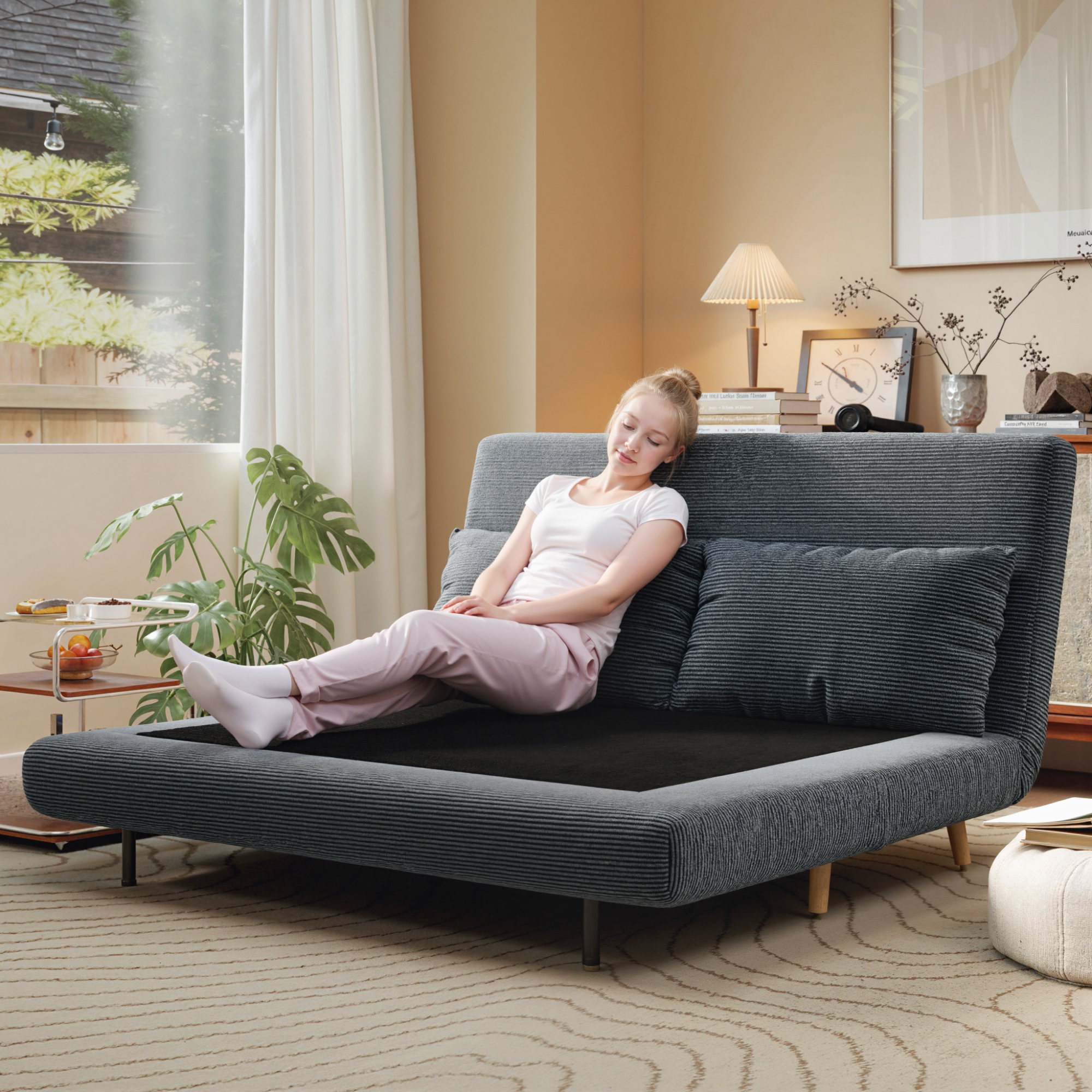 Schlafsofa, Gästebett, 3-fach verstellbare Rückenlehne, Kordoptik, bis 120 kg, 141 x 90 x 81 cm, Dunkelgrau