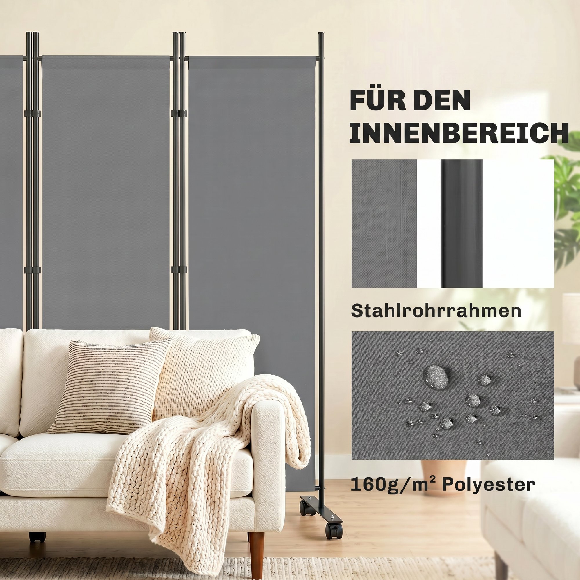 Raumteiler 5-teilig 252 x 40 cm Freistehend Paravent mit 12 Rollen Klappbar Trennwand DIY Dunkelgrau