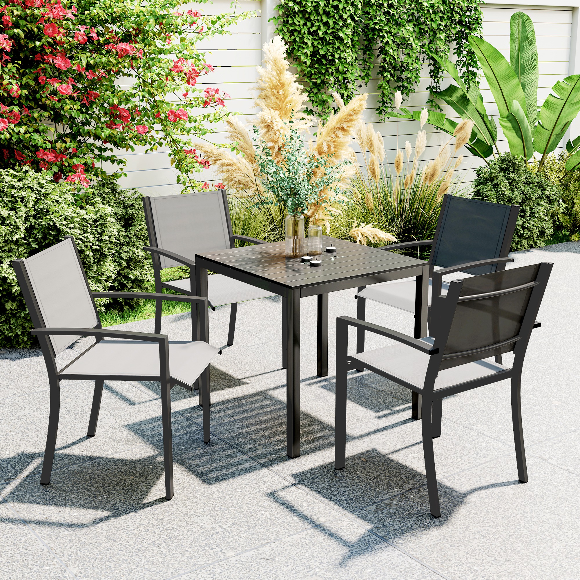 Gartentisch Aluminium 73x73 cm Wetterfest Buffettisch mit Holzoptik, Campingtisch für 4 Personen Schwarz
