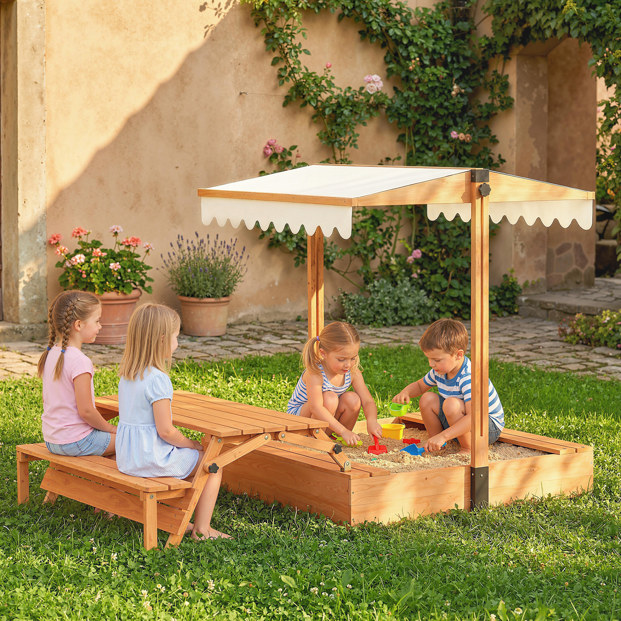 Sandkasten mit Dach Sandkiste aus Holz mit klappbarem Picknicktisch Sitzbänken für 3-8 Jahre 184 x 110 x 120 cm Braun