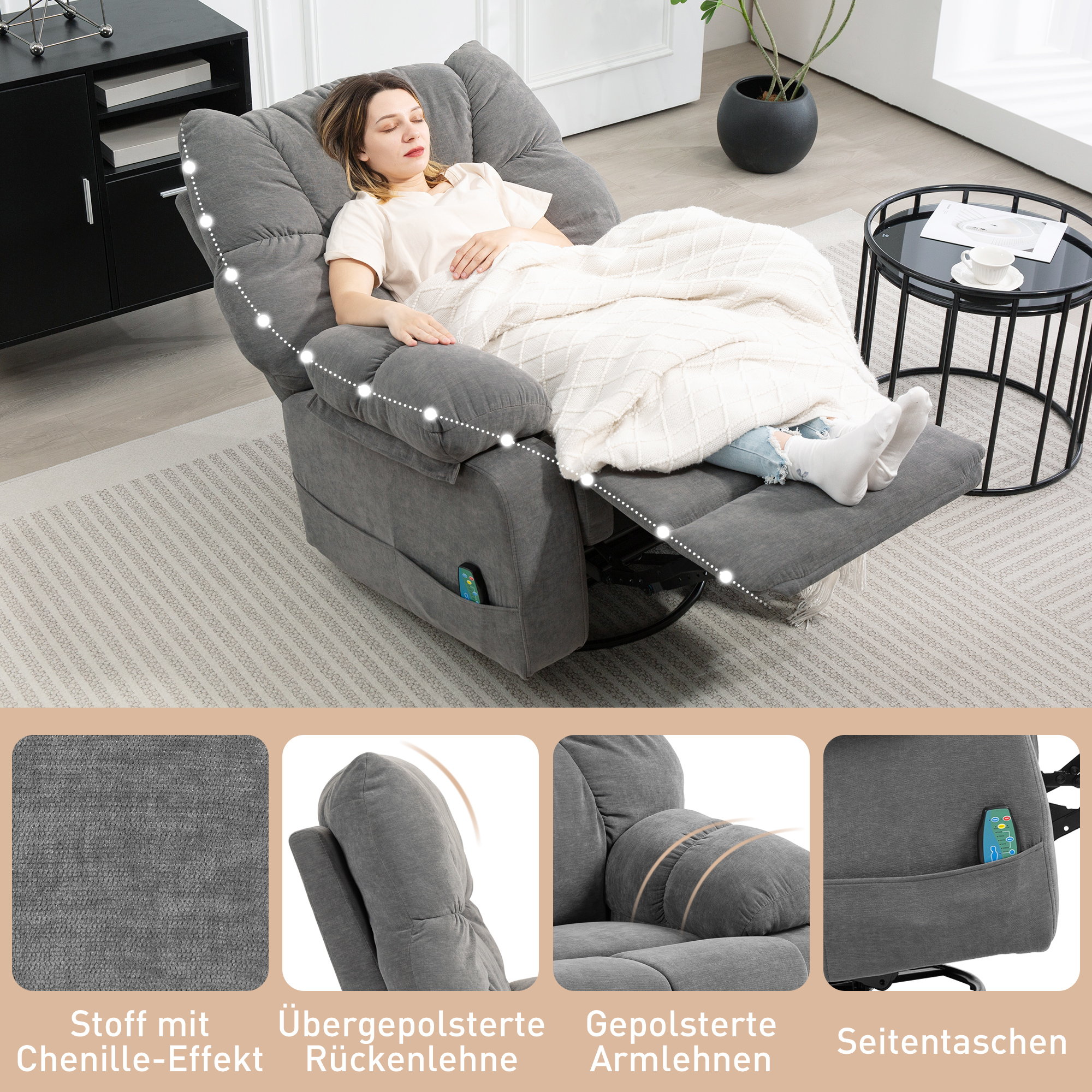 Relaxsessel mit Massagefunktion, Liegefunktion, Drehbarer Massagesessel, 4 Seitentaschen und Fernbedienung, Dunkelgrau