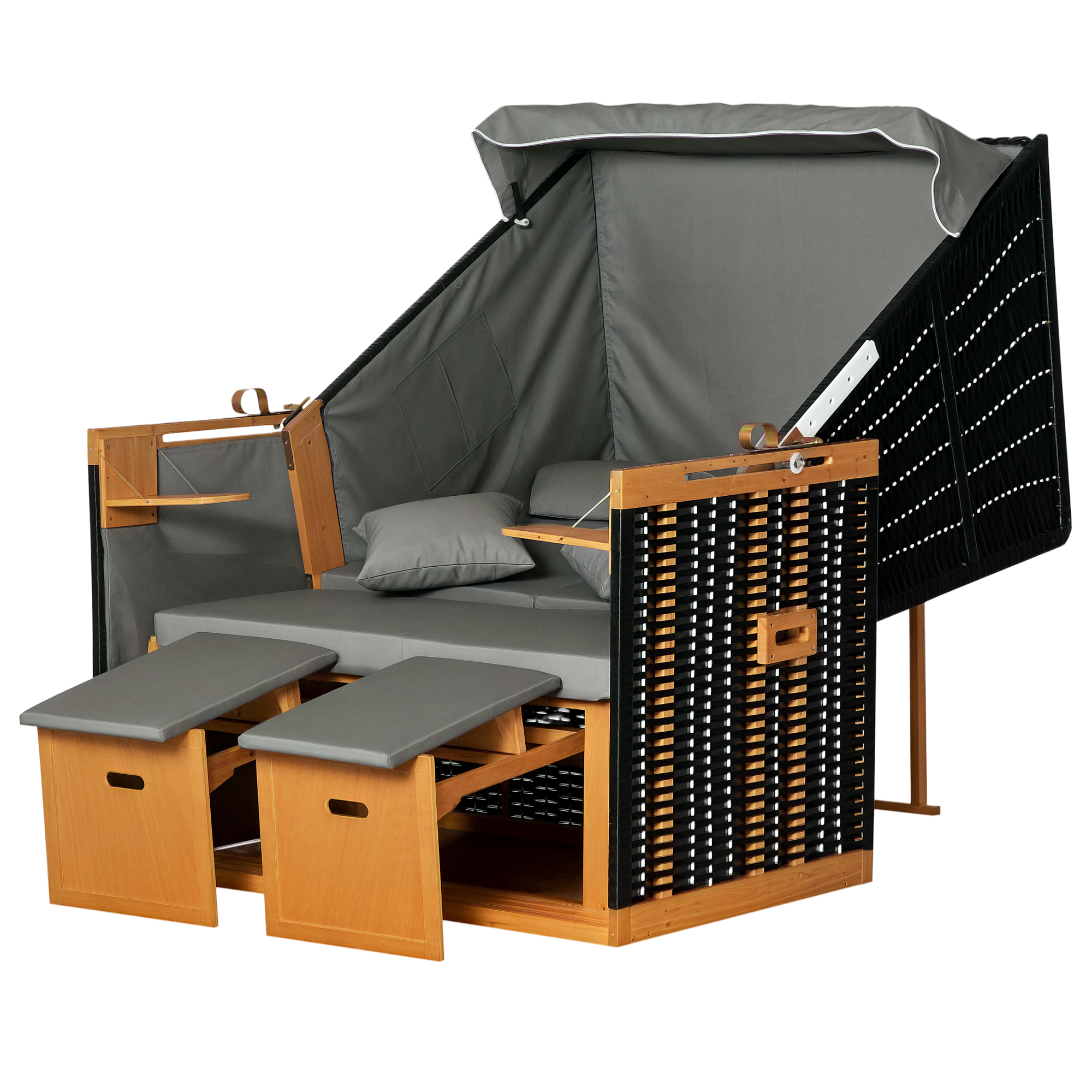 Strandkorb für 2 Personen, inkl, Kissen, Nackenrolle und Fußstützen, wetterbeständig, hellgrau