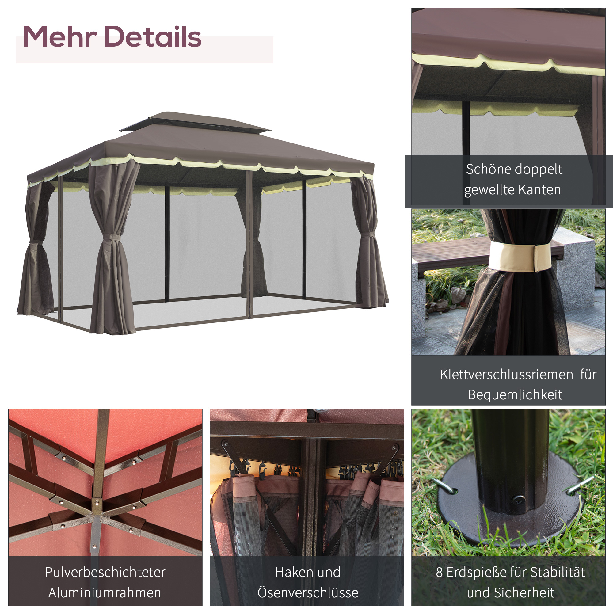 Gartenpavillon Pavillon 390 x 290 x 280 cm Gartenzelt Festzelt Partyzelt mit 4 x Seitenteile Moskitonetz wetterfest Aluminium Polyester Kaffee+Schwarz