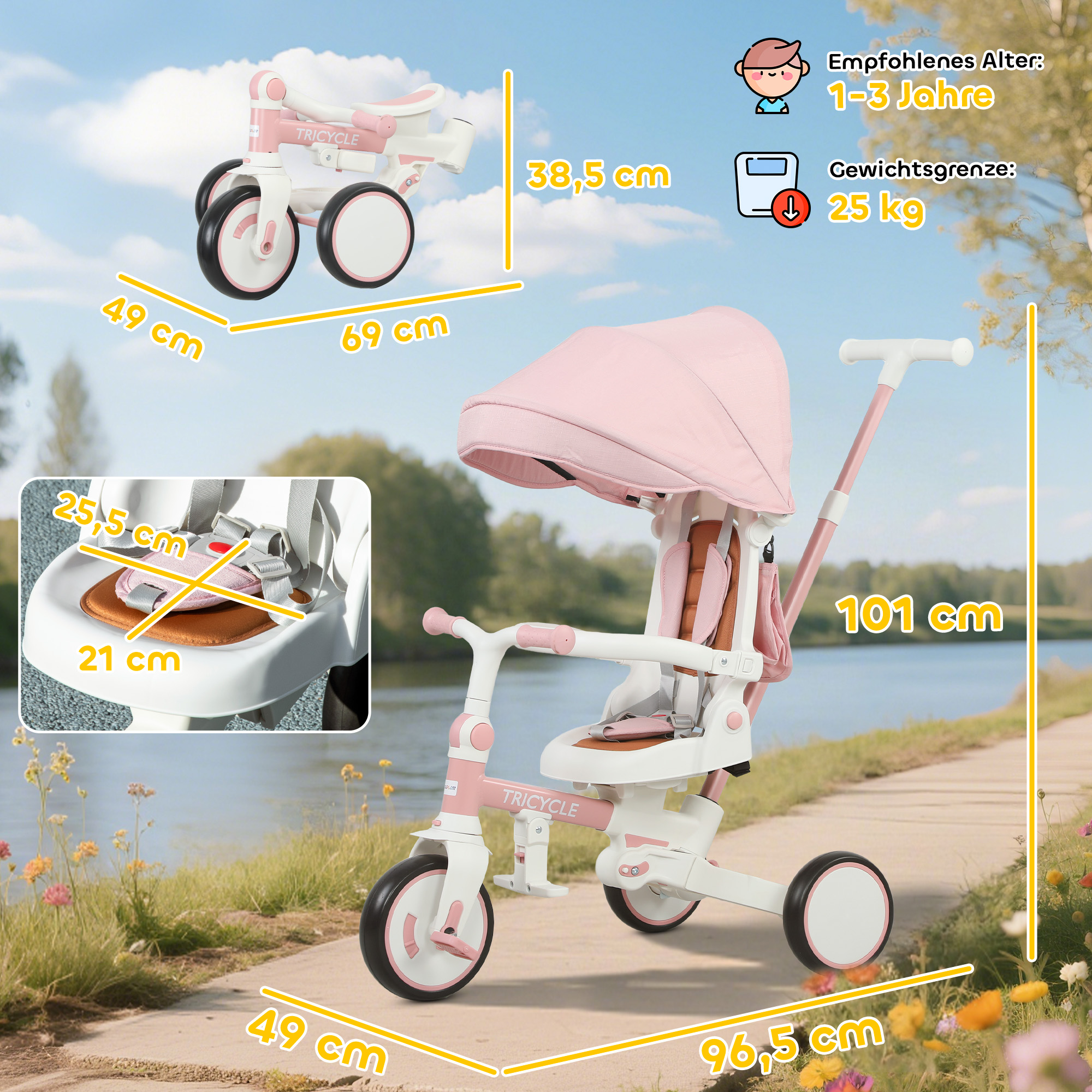 Kinder-Dreirad, wandelbarer Baby-Buggy, 5-in-1 Design, abnehmbarer Schiebegriff, verstellbar, Sicherheitsgurt, Aufbewahrungstasche, 1-3 Jahre, Rosa