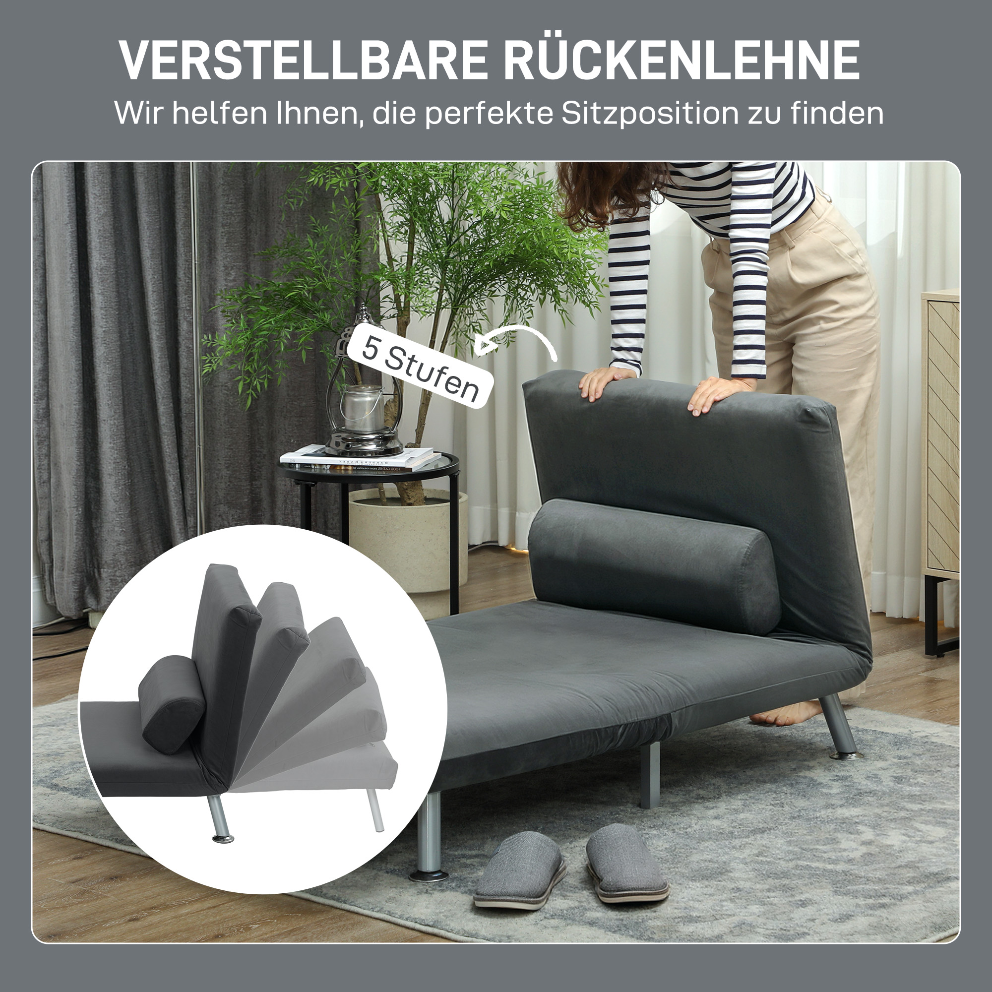 Klappsessel mit Bettfunktion, klappbarer Relaxsessel in Samtoptik, Verstellbare Rückenlehne, 75 x 70 x 75 cm, Dunkelgrau