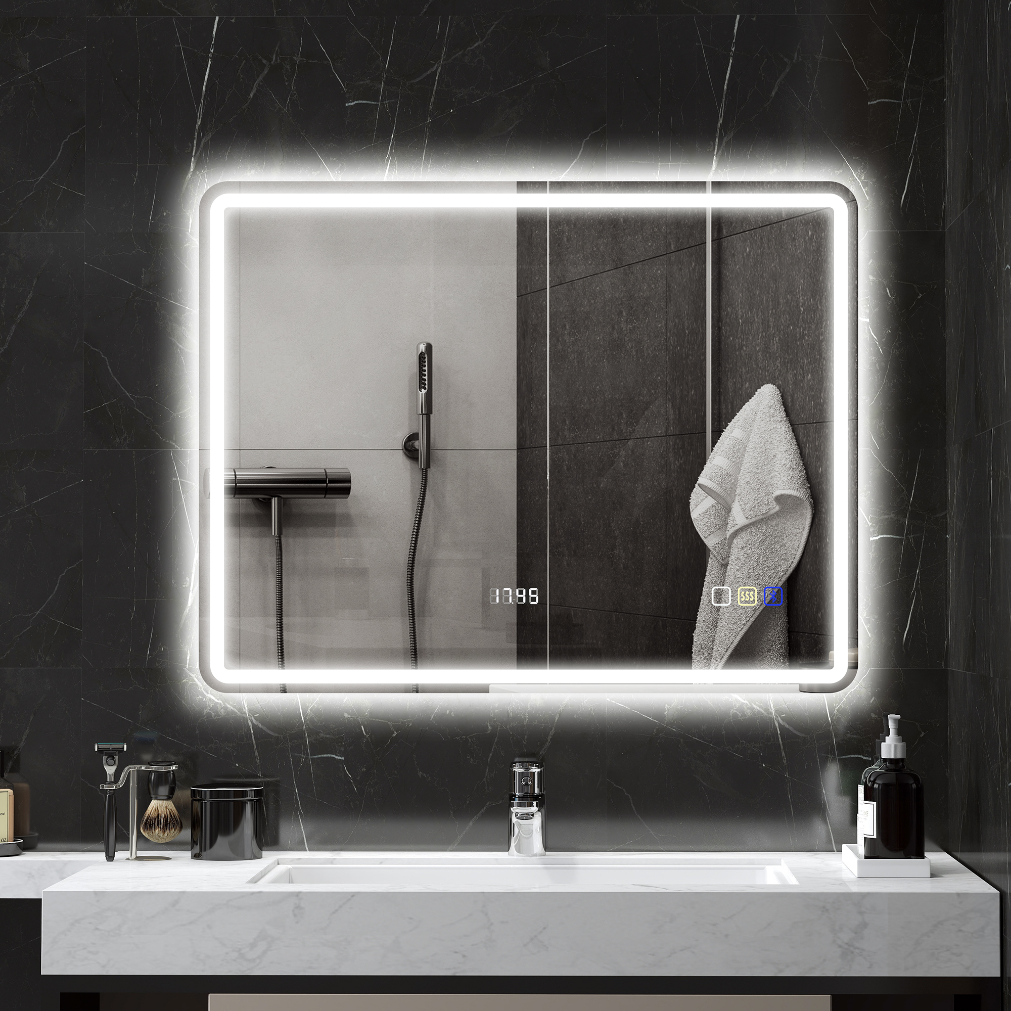 Badezimmerspiegel mit LED-Beleuchtung, Anti-Beschlags-Pad, 3 verstellbare Farben, Uhr, 700 x 900 mm, Silberfarben