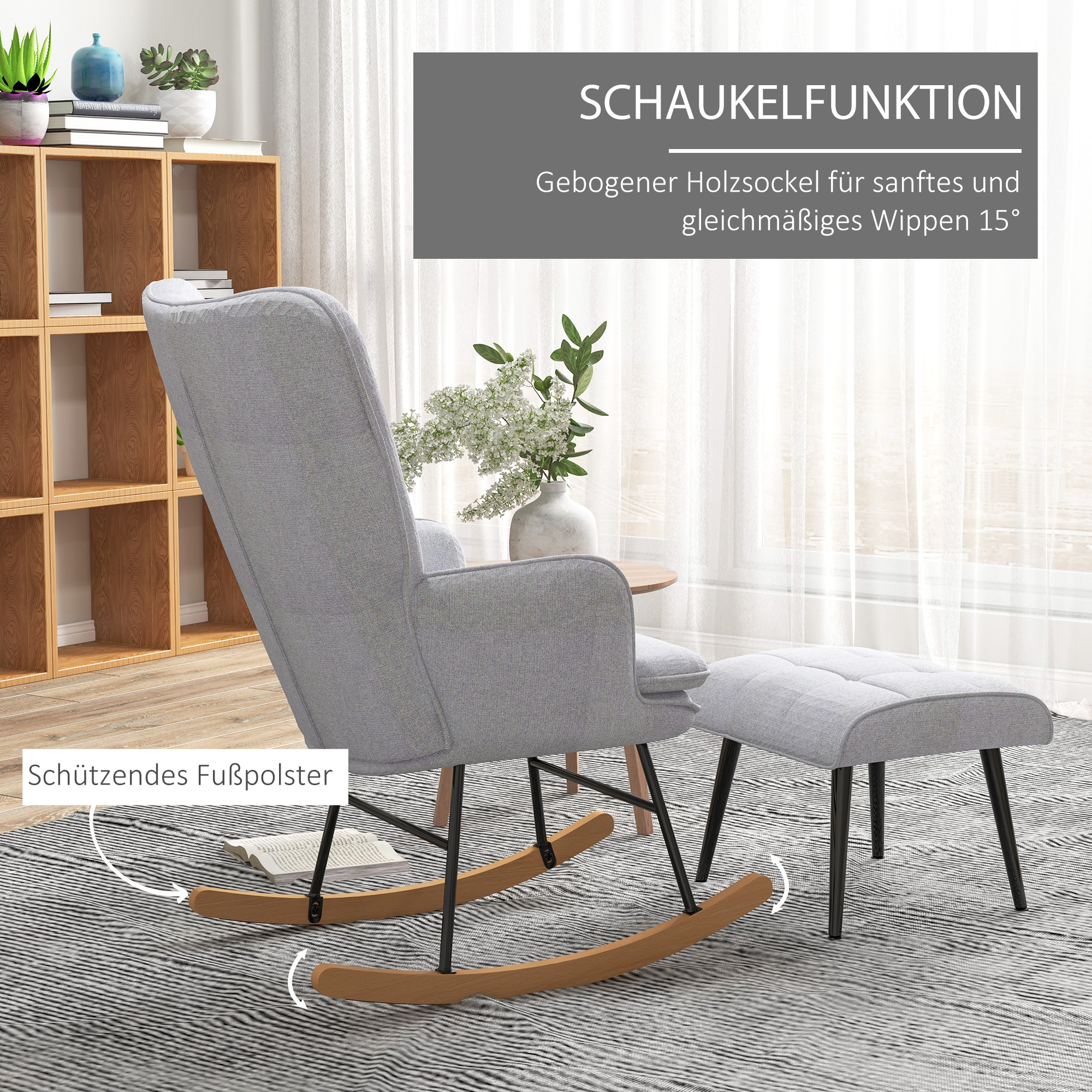 Schaukelstuhl mit Ottomane Skandidesign Schaukelstuhl mit Fußhocker, Buchenholz, Steppung, 64 cm x 89 cm x 90 cm Grau