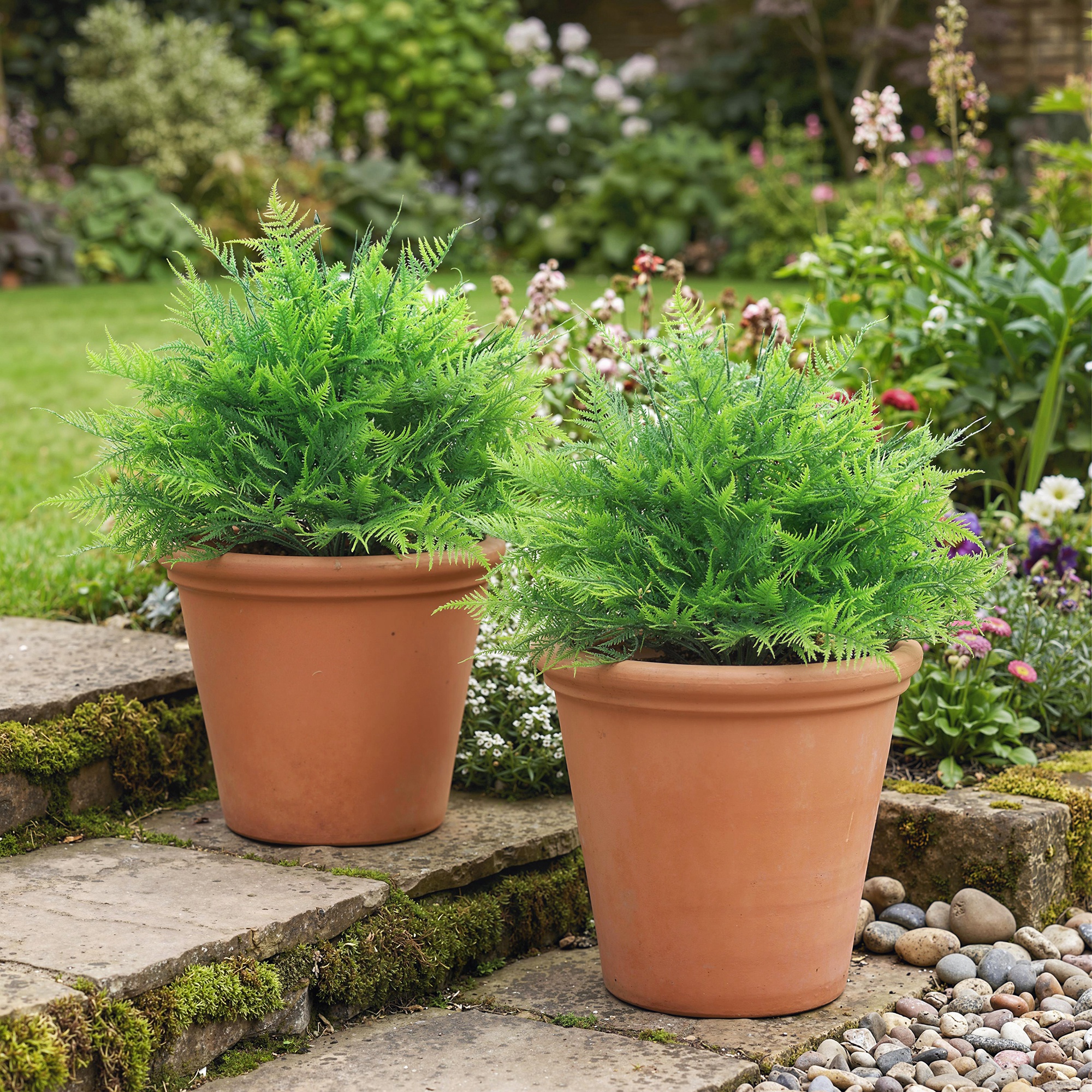 künstliche Boston-Farn-Büsche UV-beständig, Kunstpflanzen mit Stäben, Set aus 2, 60 cm für Garten, Veranda