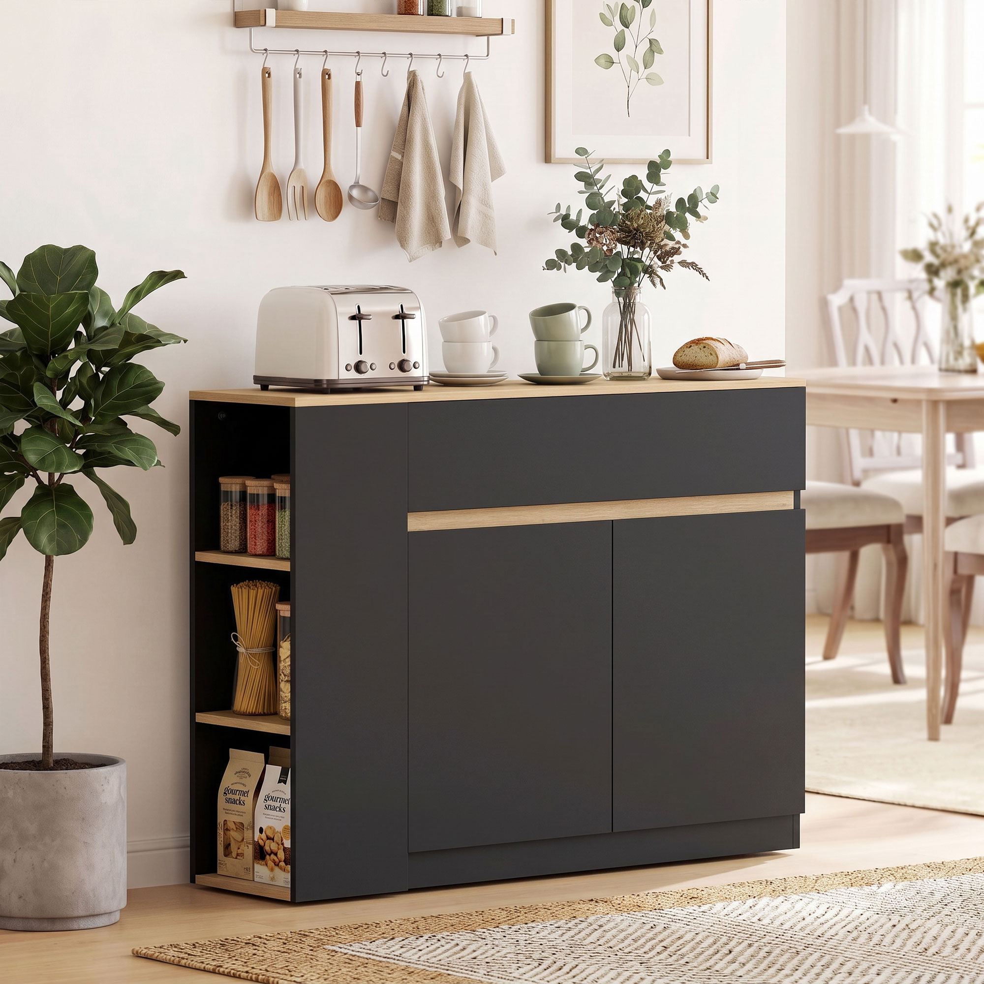 Sideboard, Buffet, großes Schrankfach, 3-stufiges Regal, Schublade, schwarz, 110 x 29,5 x 82cm