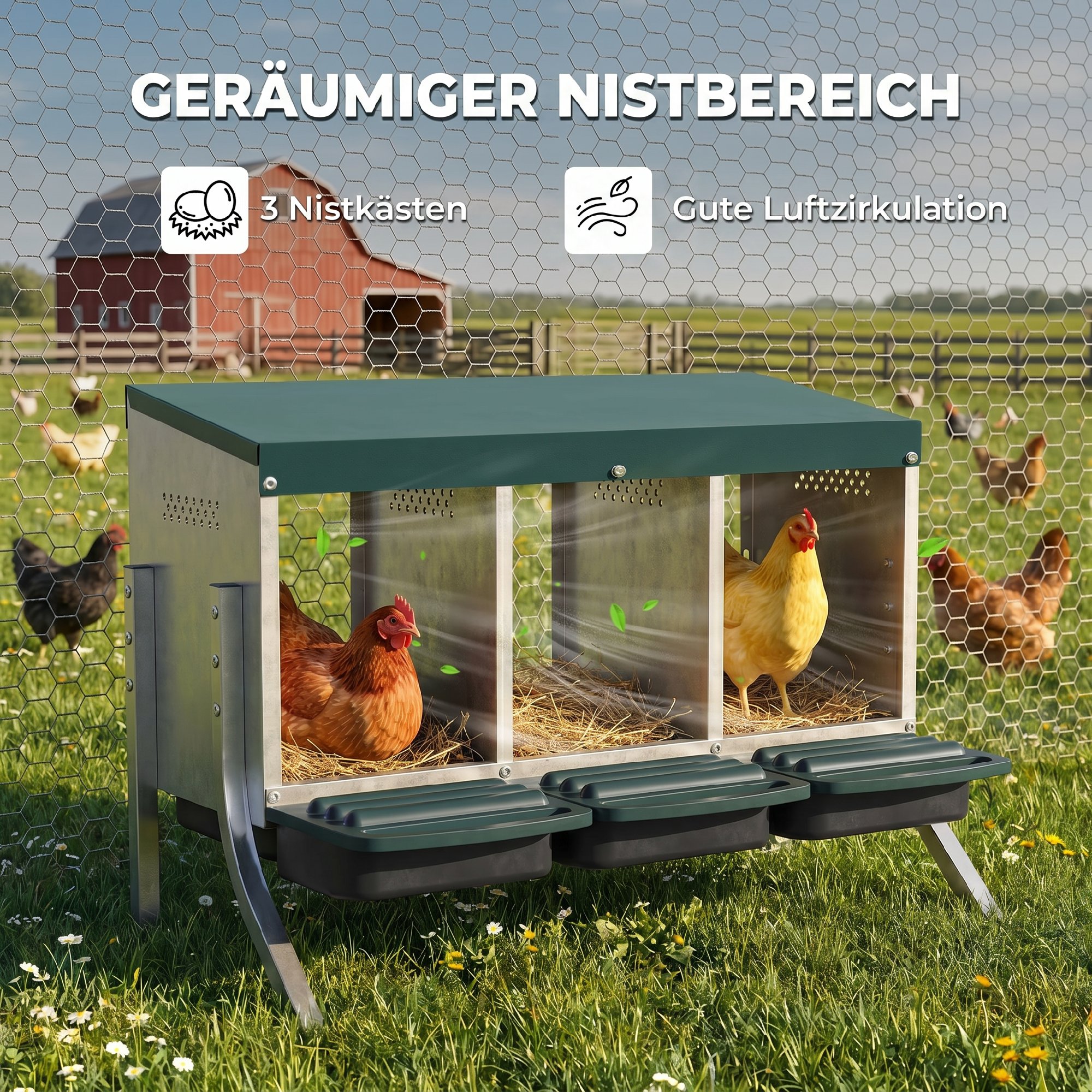 Legenest für Hühner, Abrollnest mit Belüftungslöchern, 3 Fächer, Hühnernest für 3 Hühner, 84 x 55 x 61 cm, Silber