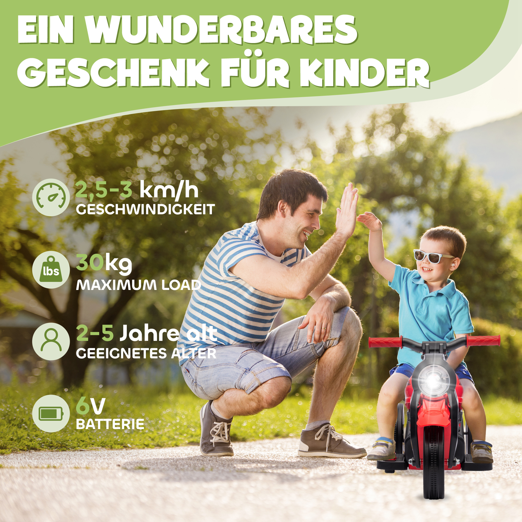 Elektro Kindermotorrad, 6V Kindermotorrad mit Musik, Blasen 2,5-3 km/h, für 2-5 Jahre Kinder