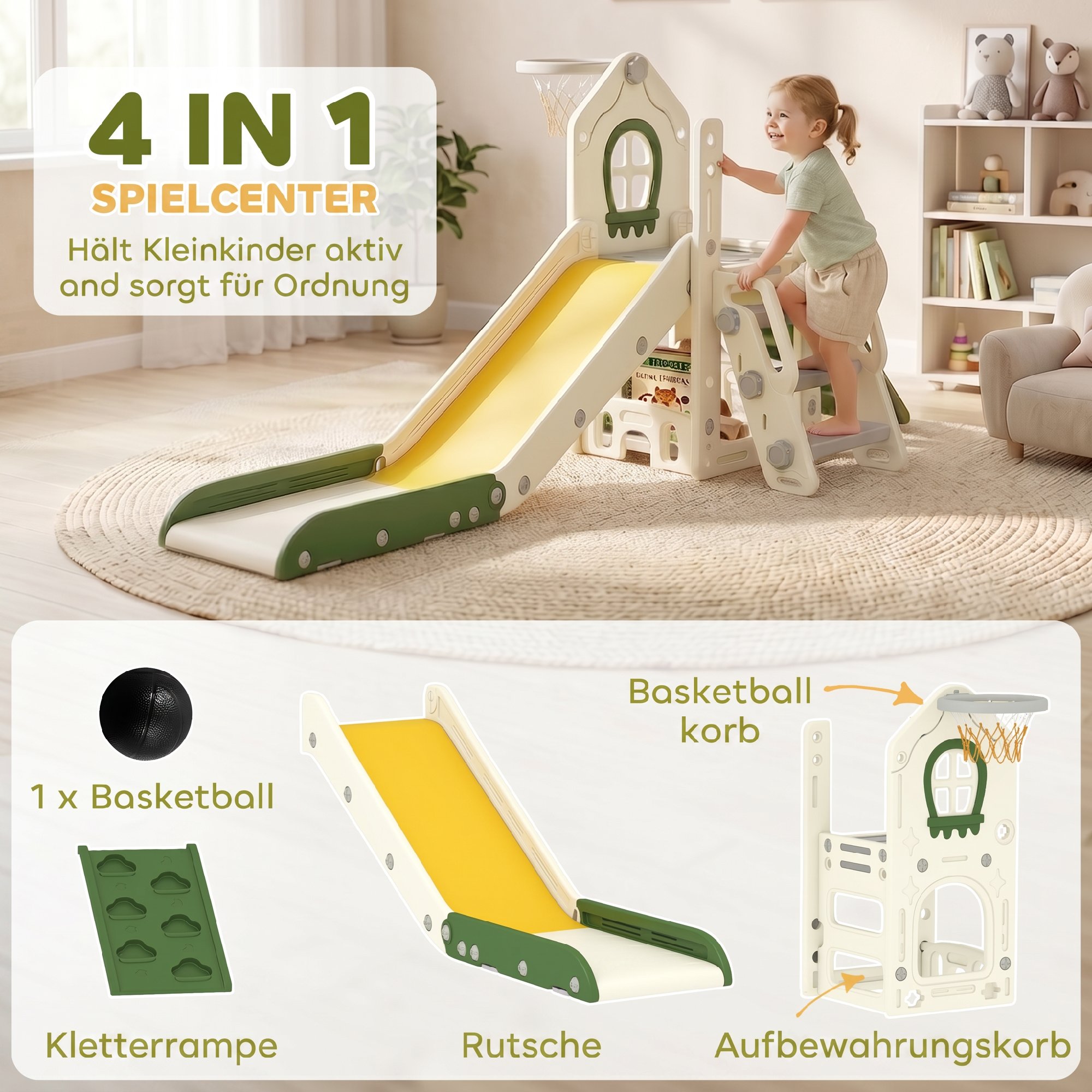 faltbare 4-in-1 Kleinkinderrutsche mit Kletterelement, Basketballkorb, Stauraum und Basketball für Kinder von 1-3 Jahren, Cremeweiß