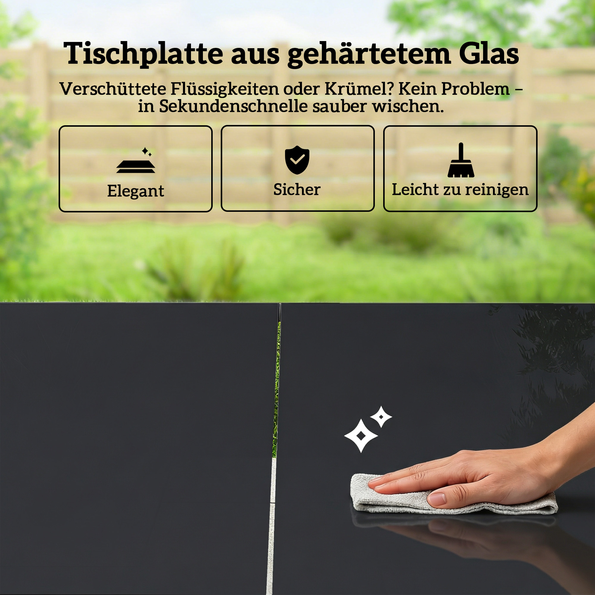 Gartenmöbel Set Sitzgruppe 150 x 80cm Glastisch mit 6 Atmungsaktiven Stühlen Dekorative Armlehnen Schwarz