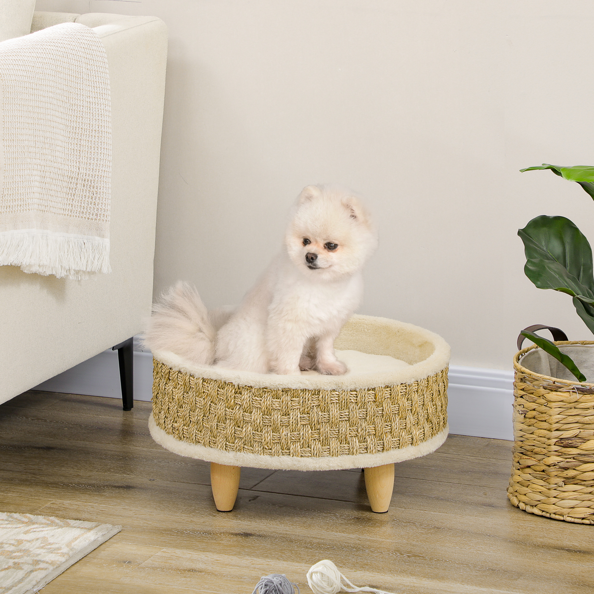 Haustierbett für Katzen und Hunde, Seegras, waschbares Kissen, 48 cm x 48 cm x 24,5 cm, Beige + Khaki - Natur