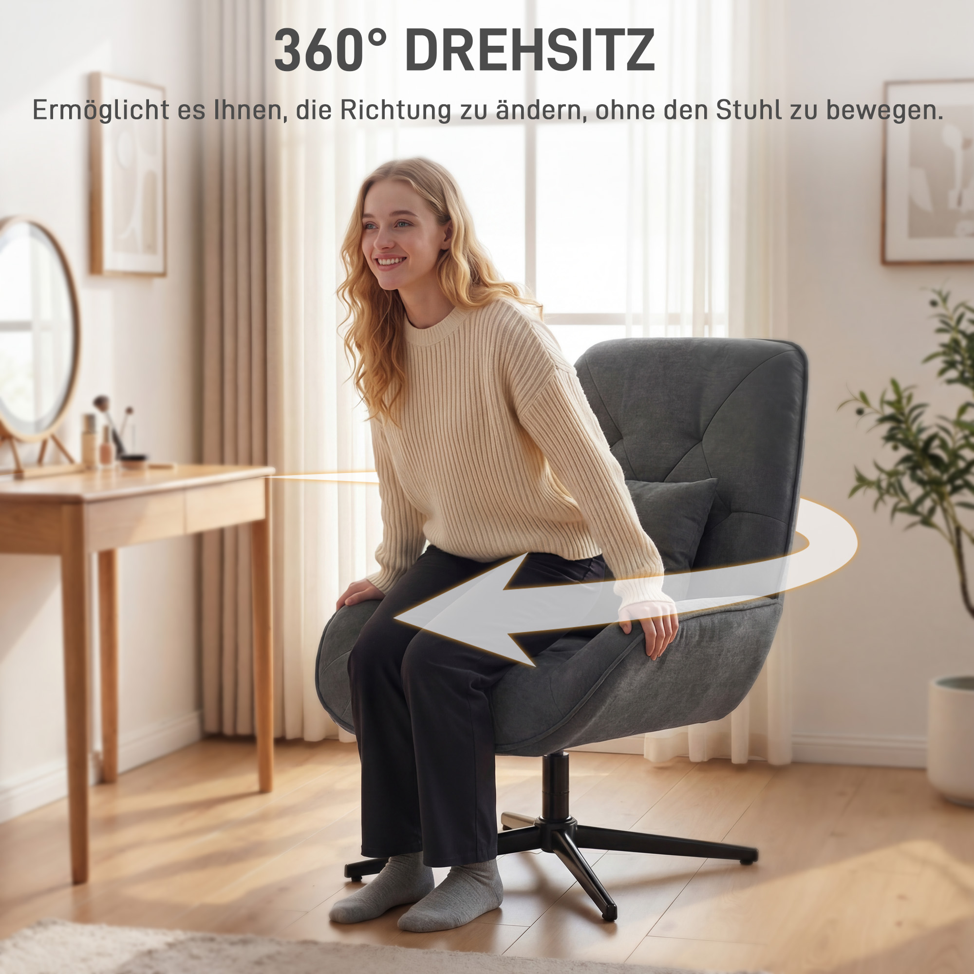 Drehbarer Akzentstuhl, Chenille-Polstersessel mit Lendenkissen, Hohe Rückenlehne, Tiefer Sitz, Dunkelgrau