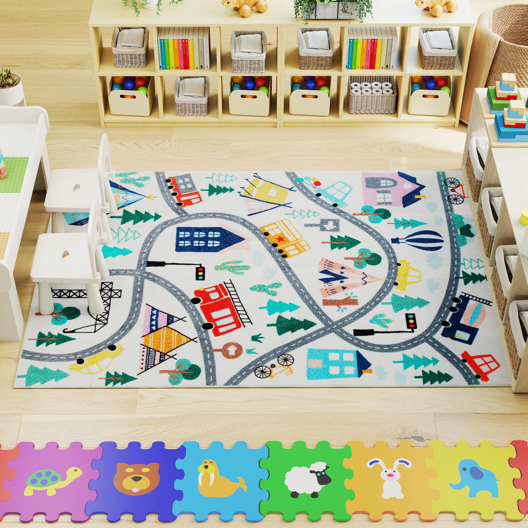 Teppich mit Autobahn-Muster, weißer Hintergrund, weiches Fleece, pflegeleicht, Bunt