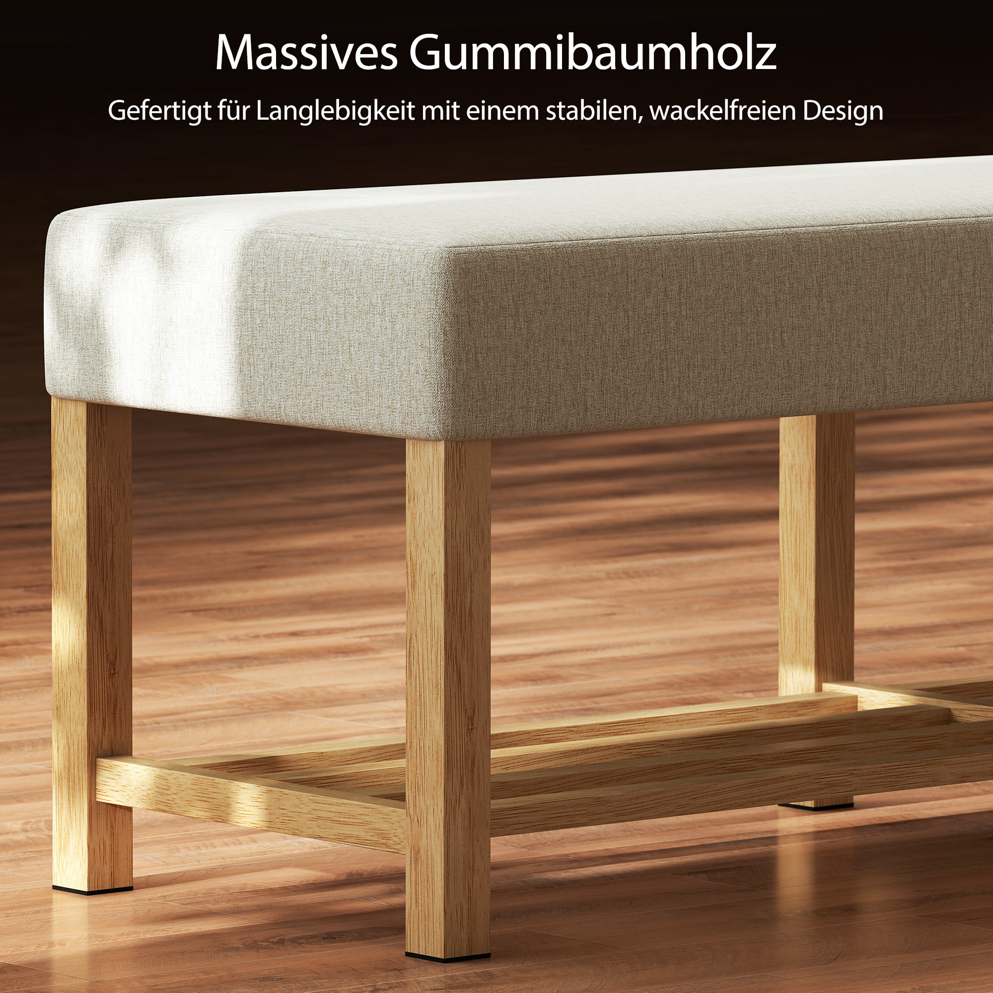 140 cm Schuhbank aus Massivholz, moderne Flurbank mit gepolsterter Sitzfläche für zwei Personen, Naturholz und Cremeweiß