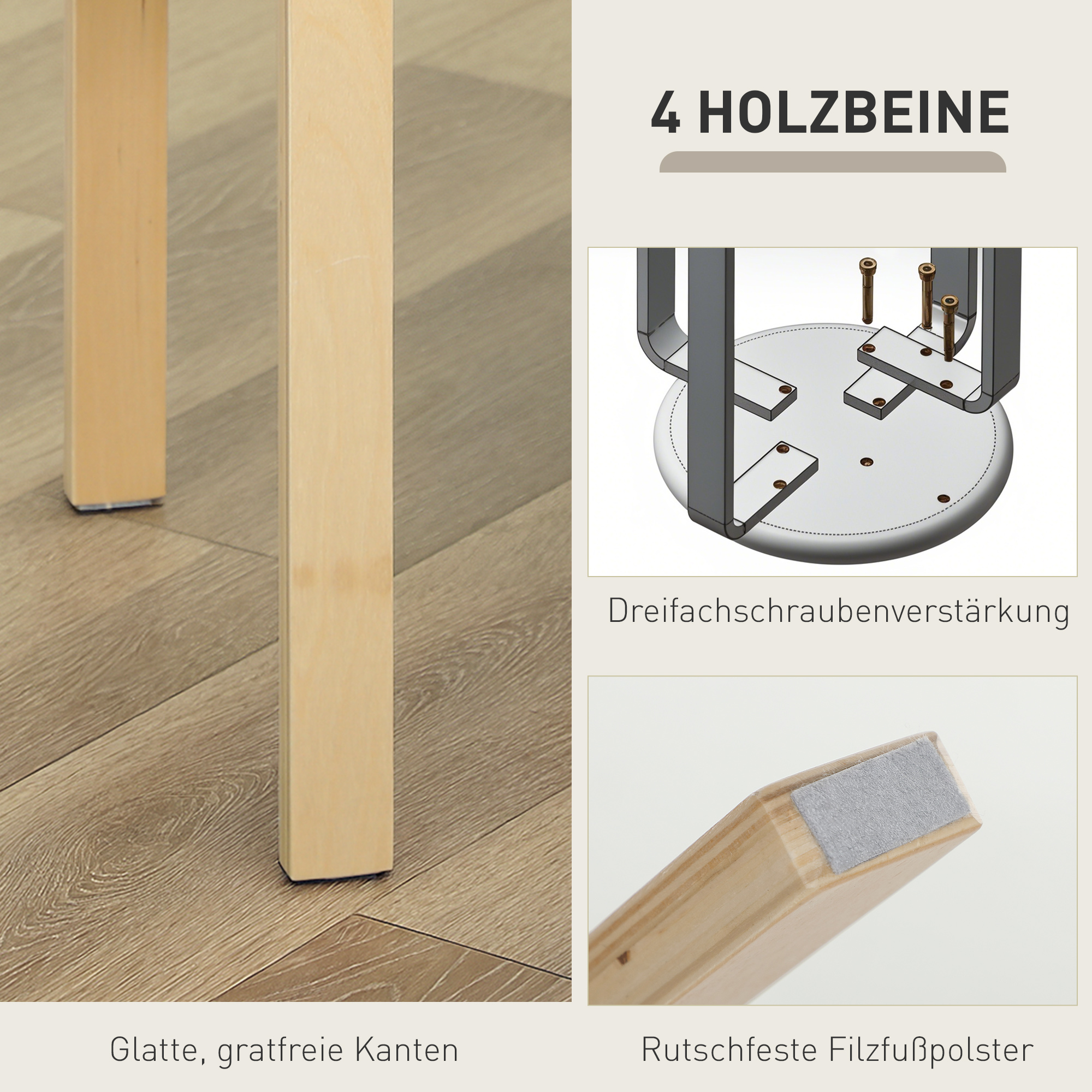 Polsterhocker im 4er-Set, stapelbar, lackierte Oberfläche, Holzbeine, Khaki