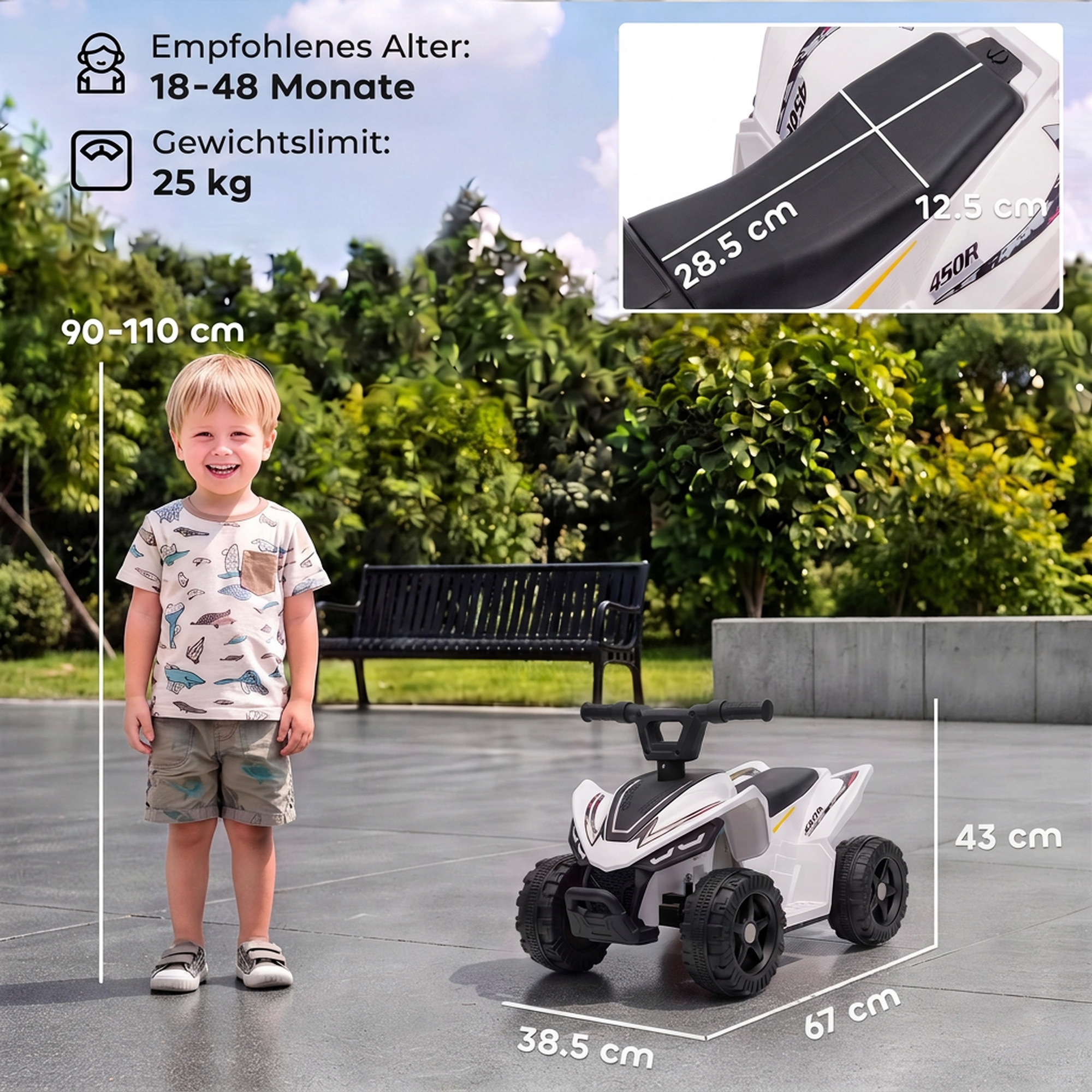 Kinder Quad Elektro 6V Kinderquad mit Lithium-Akku Vorwärtsfunktion Lenkerknopf-Steuerung 1,5-2 Jahre Weiß