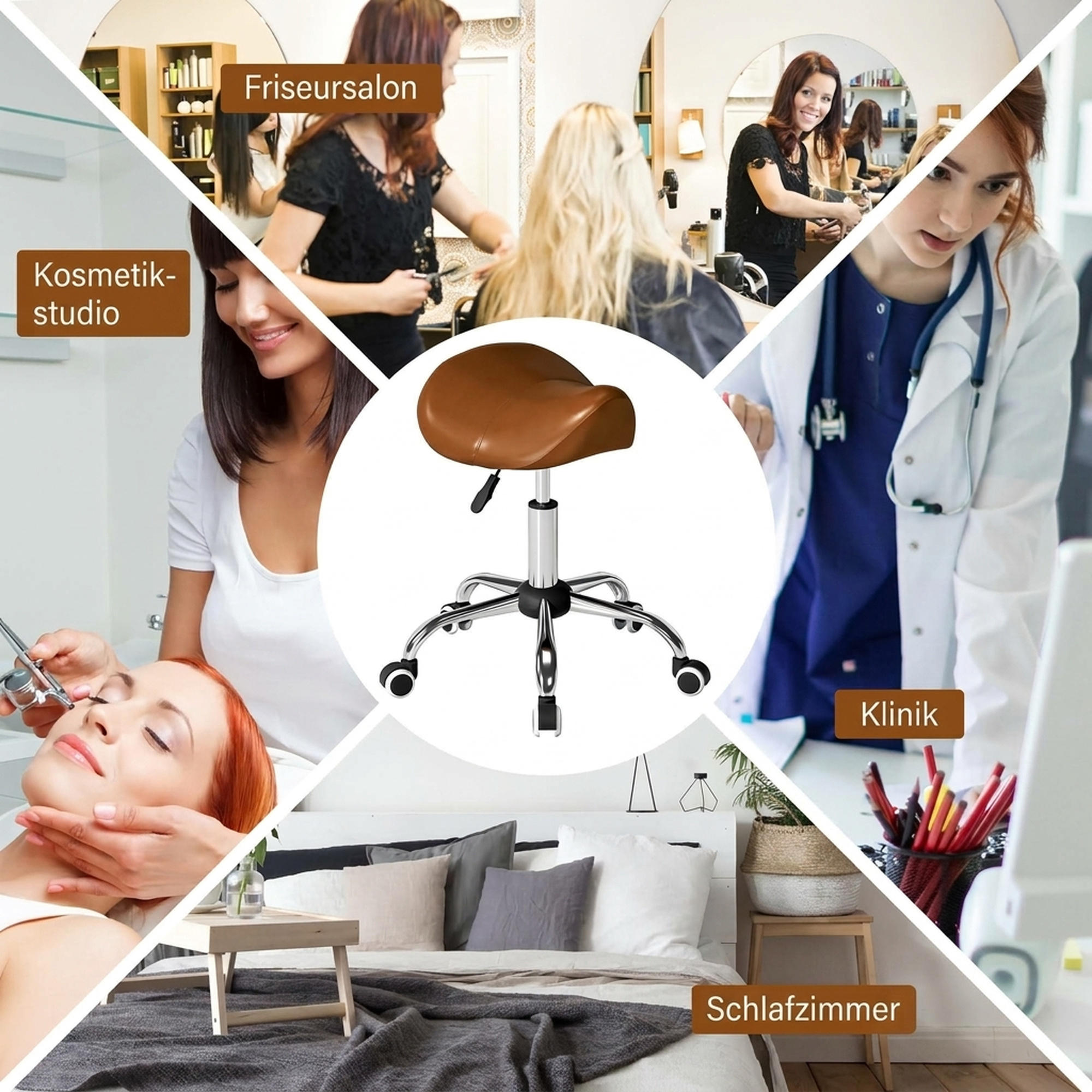 Rollhocker höhenverstellbar Drehhocker 49-61 cm Arbeitshocker drehbar Sattelhocker für Büro Salon Massage Spa Braun