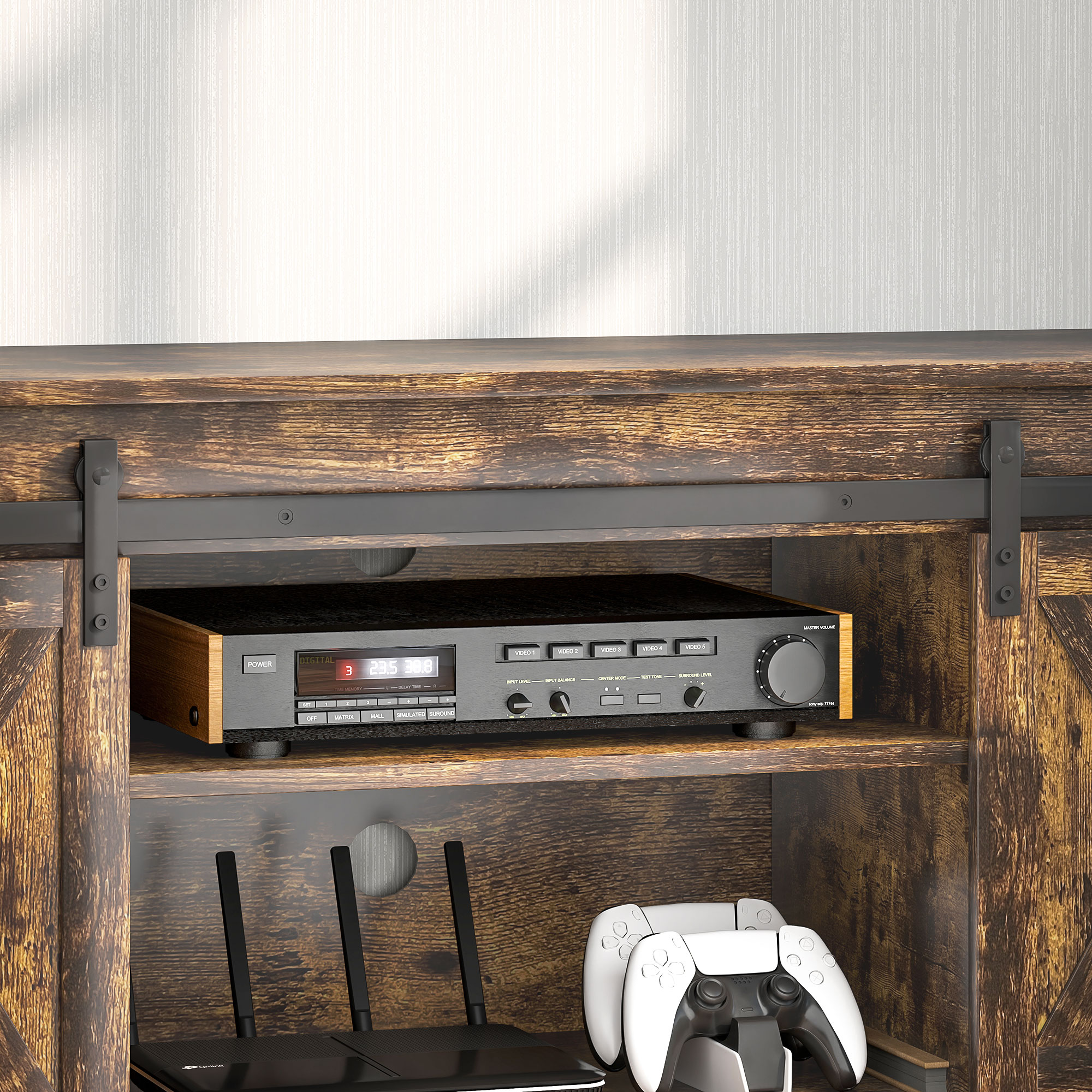 TV Lowboard, Industrial Design, für 60'' TVs, 6 Fächer, 2 Schiebetüren, Braun/Schwarz
