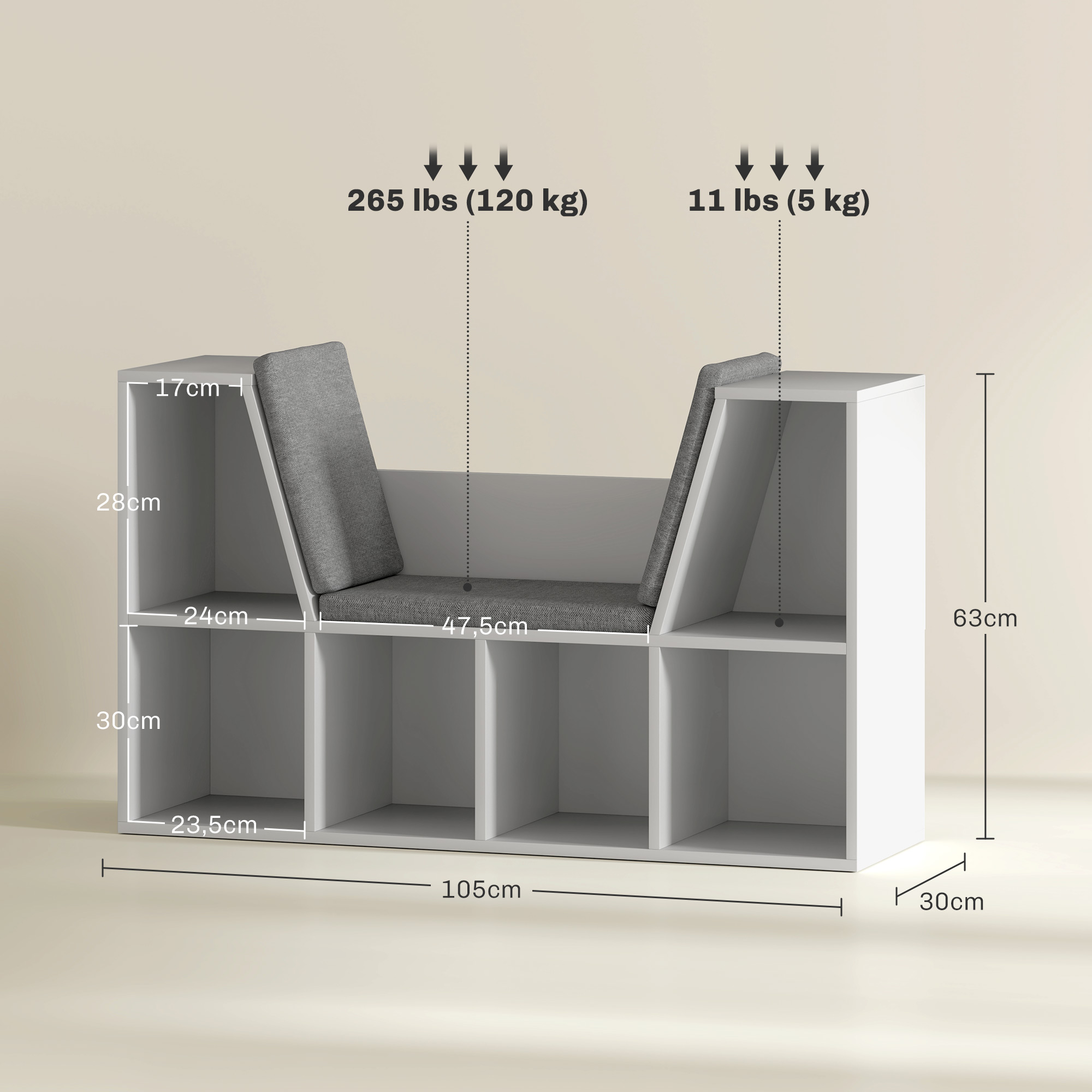 Bücherregal mit Sitzfläche, 6 Fächer, gepolstert, 105 x 30 x 63 cm, Weiß