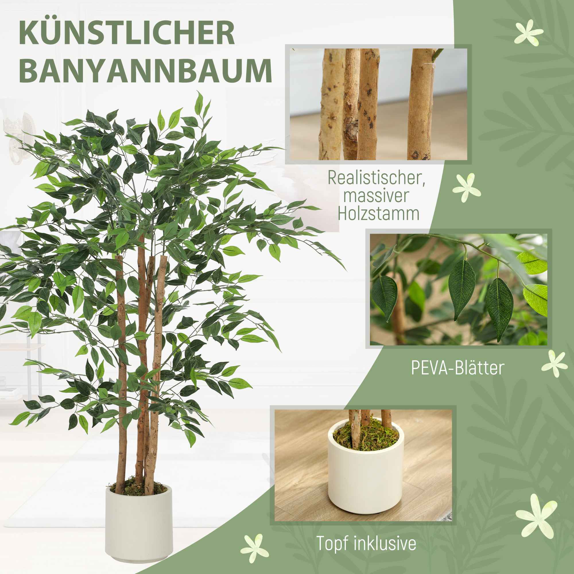 Künstlicher Banyanbaum Kunstpflanze mit Massivholzstamm, Topf, für Wohnzimmer Schlafzimmer Büro 55 x 55 x 120 cm Grün