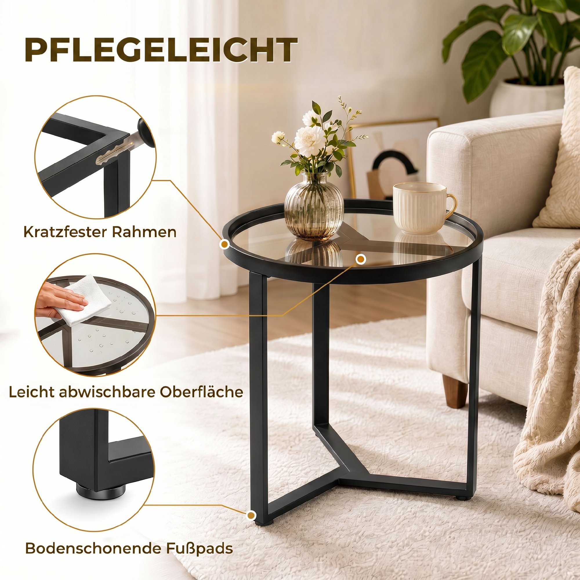 Runder Beistelltisch mit gehärteter Glasplatte und geometrischem Metallgestell für kleine Räume, Schwarz