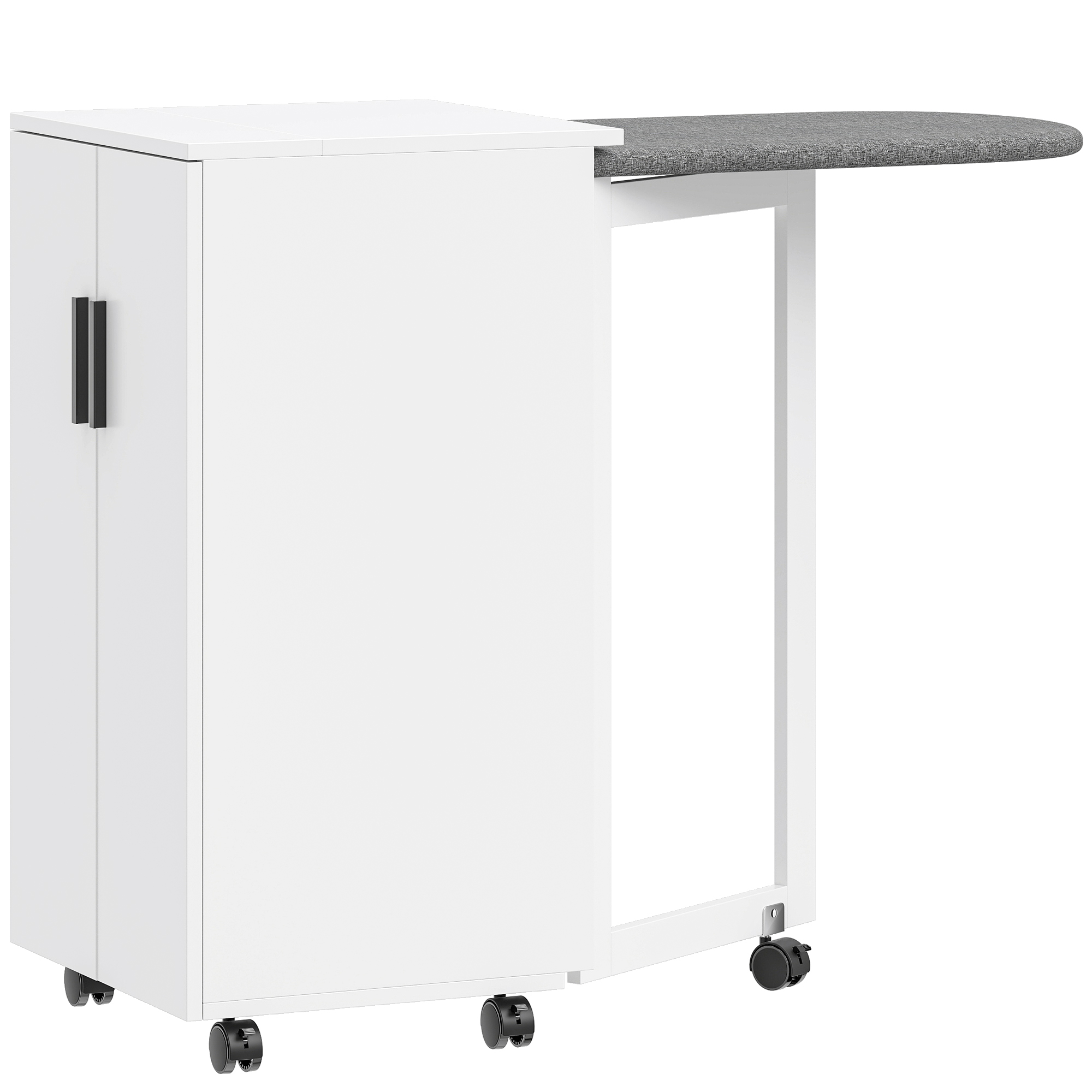 2-in-1 faltbarer Bügelbrettschrank auf Rollen mit Bügelbrett und verstellbarem Regal für kleine Räume, Weiß