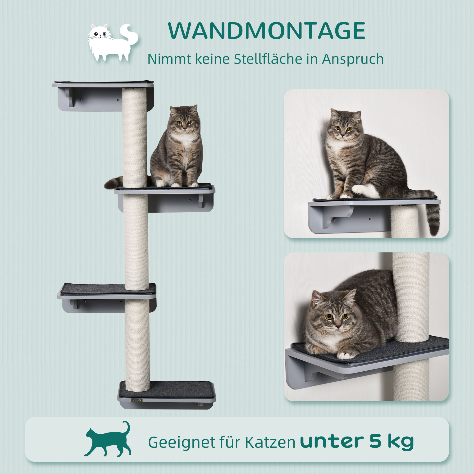 Kratzbaum 137cm hoch, Wandmontierter 4 Etagen Katzenbaum mit 4 Plattformen, 3 Kratzstämmen, Katzenkratzbaum für Katzen unter 5 kg zum Klettern, Kratzen und Spielen