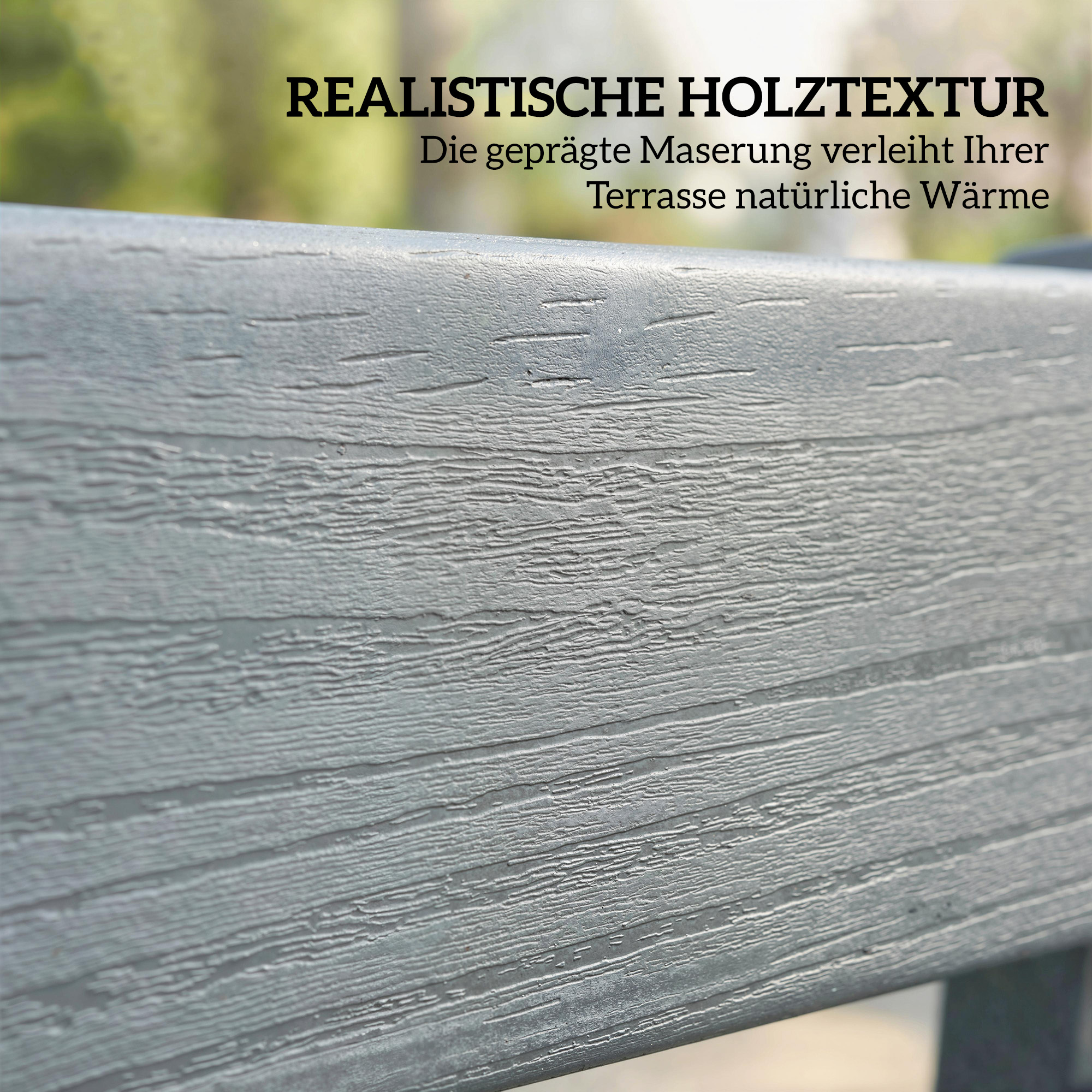 Gartenbank 2-Sitzer wetterfest Kunststoff Outdoor Sitzbank mit Lamelldesign Holzoptik Rückenlehne Grau