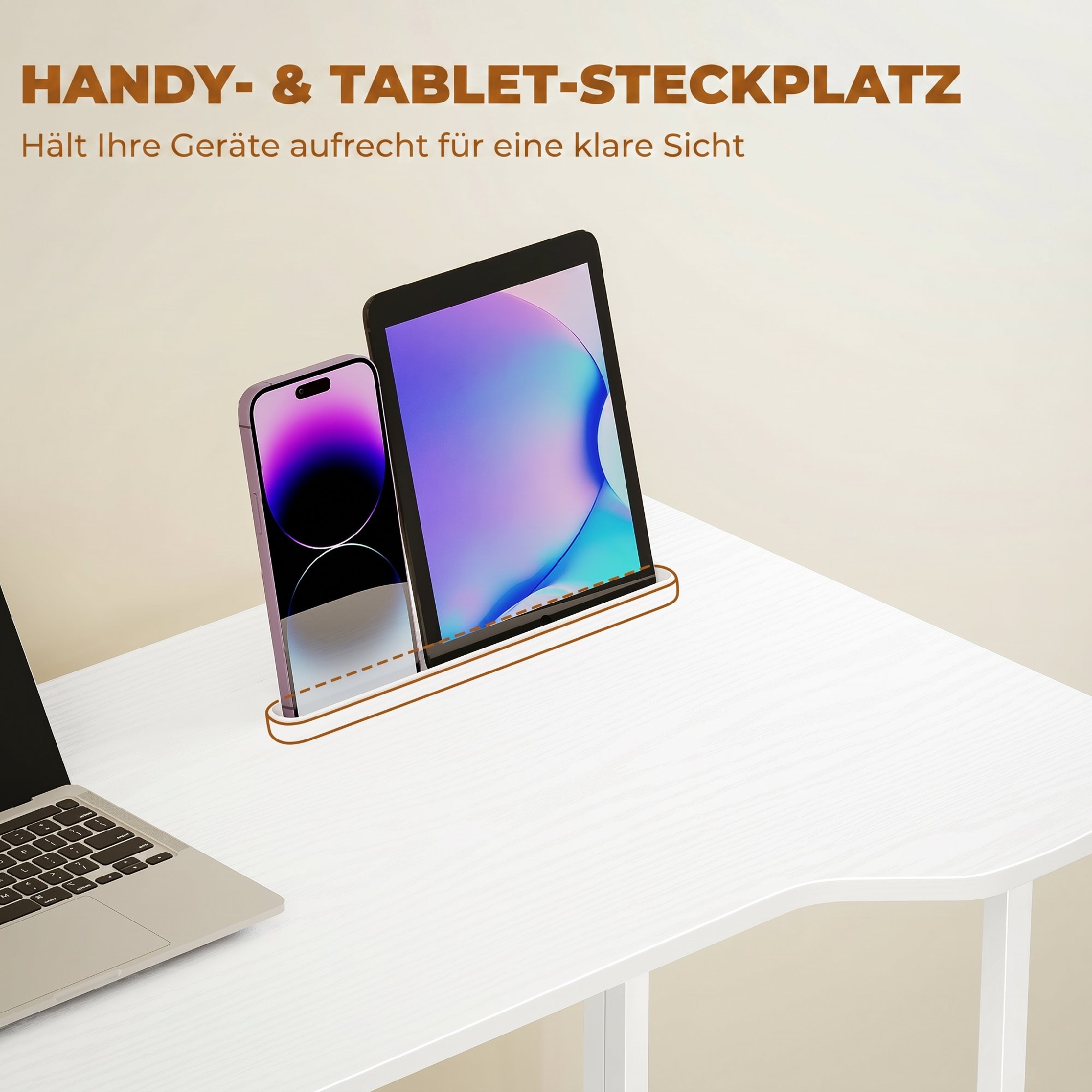 Schreibtisch, klappbarer Computertisch, platzsparender Bürotisch mit Rollen, Geräteschlitz, 80 x 52 x 75 cm, Weiß
