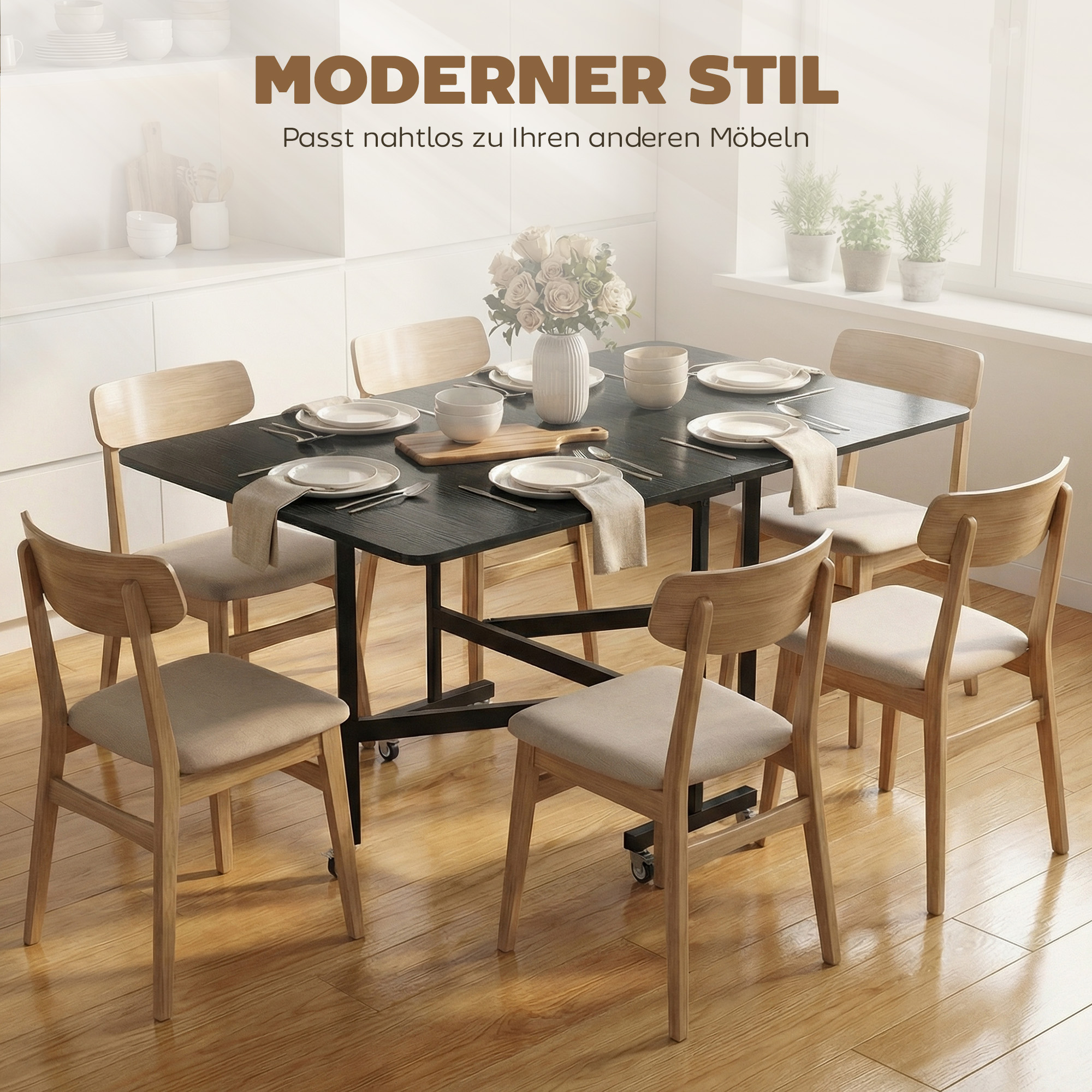 Esstisch Klappbar Küchentisch für 4-6 Personen mit 6 Rollen Mobiler Klapptisch für Kleine Räume 120x80x73 cm Schwarz