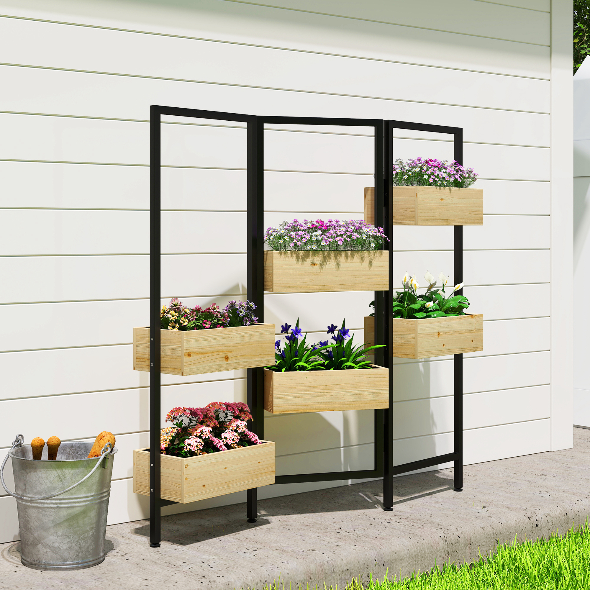 Blumenkasten mit Sichtschutz, Hochbeet mit Klappbarem Spalier, 6 Pflanzkästen mit Ablauflöchern, Stahl