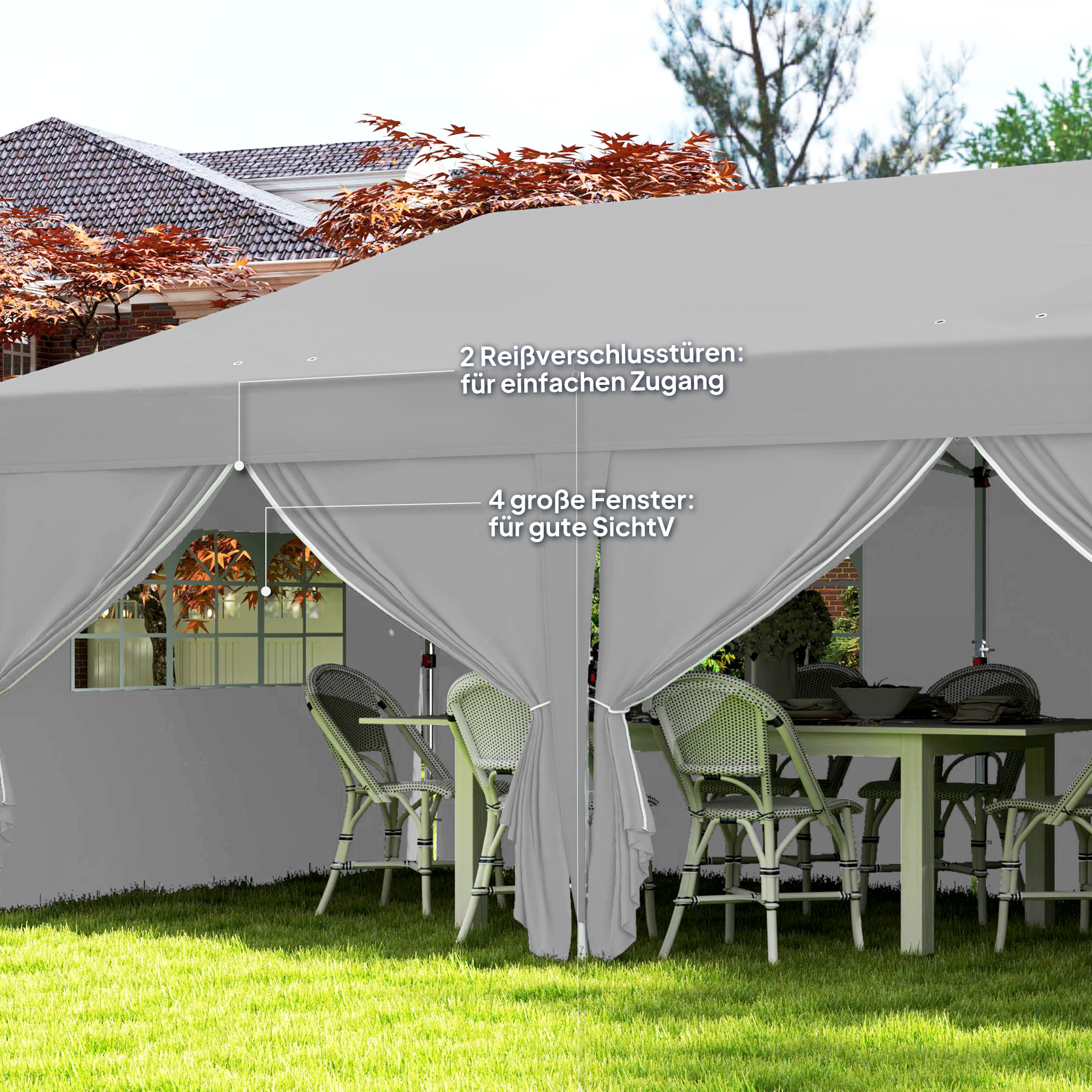 Pavillon ca. 6x3m Stabil Winterfest Pop-up Faltpavillon mit Fenster Reißverschlusstür Seitenteilen UV Schutz
