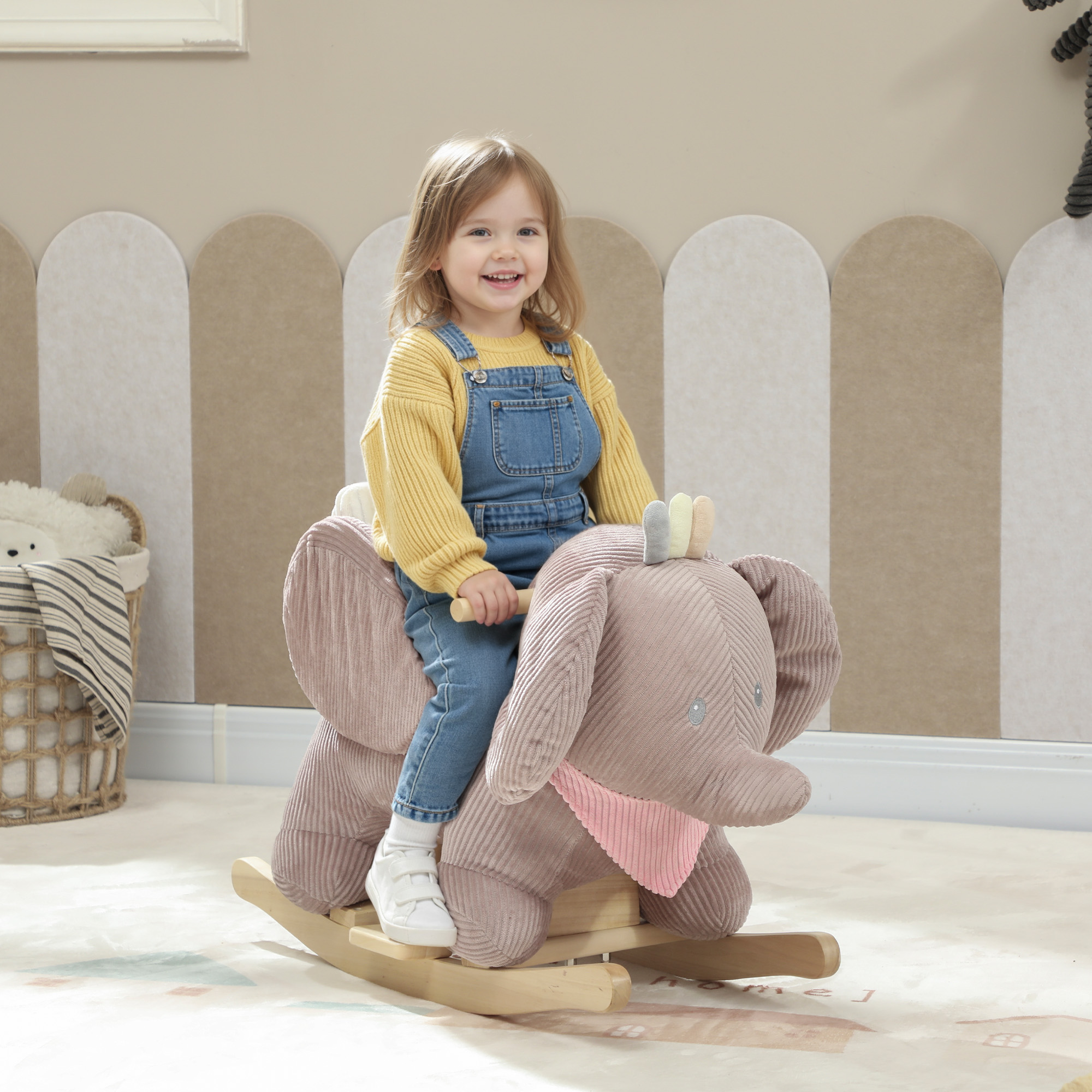 Schaukeltier, Elefant-Schaukel, interaktive Tiergeräusche, Holzrahmen, für Kinder 1,5-3 Jahre, 65 x 32 x 49 cm, Braun