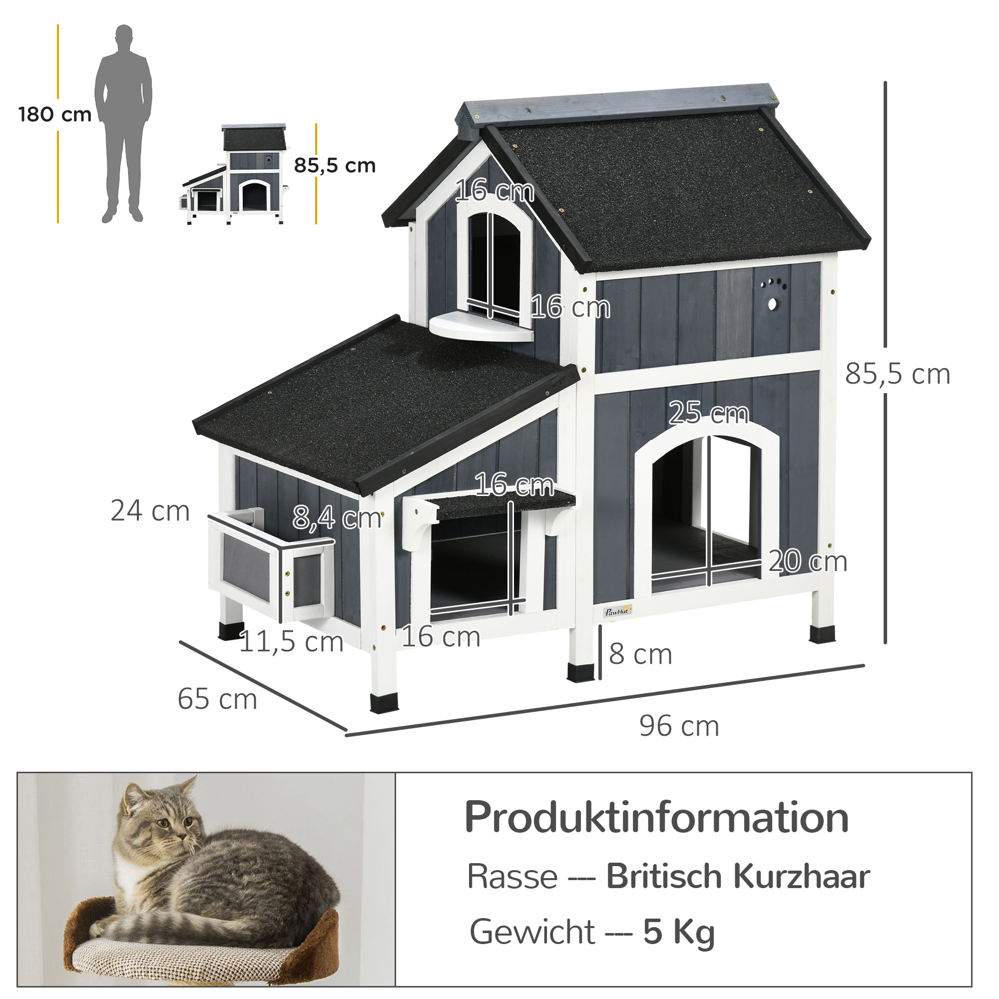 Outdoor-Katzenhaus, zweistöckig, Bodenabstand, Naturholz, Asphaltdach, grau, 96 x 65 x 85,5 cm