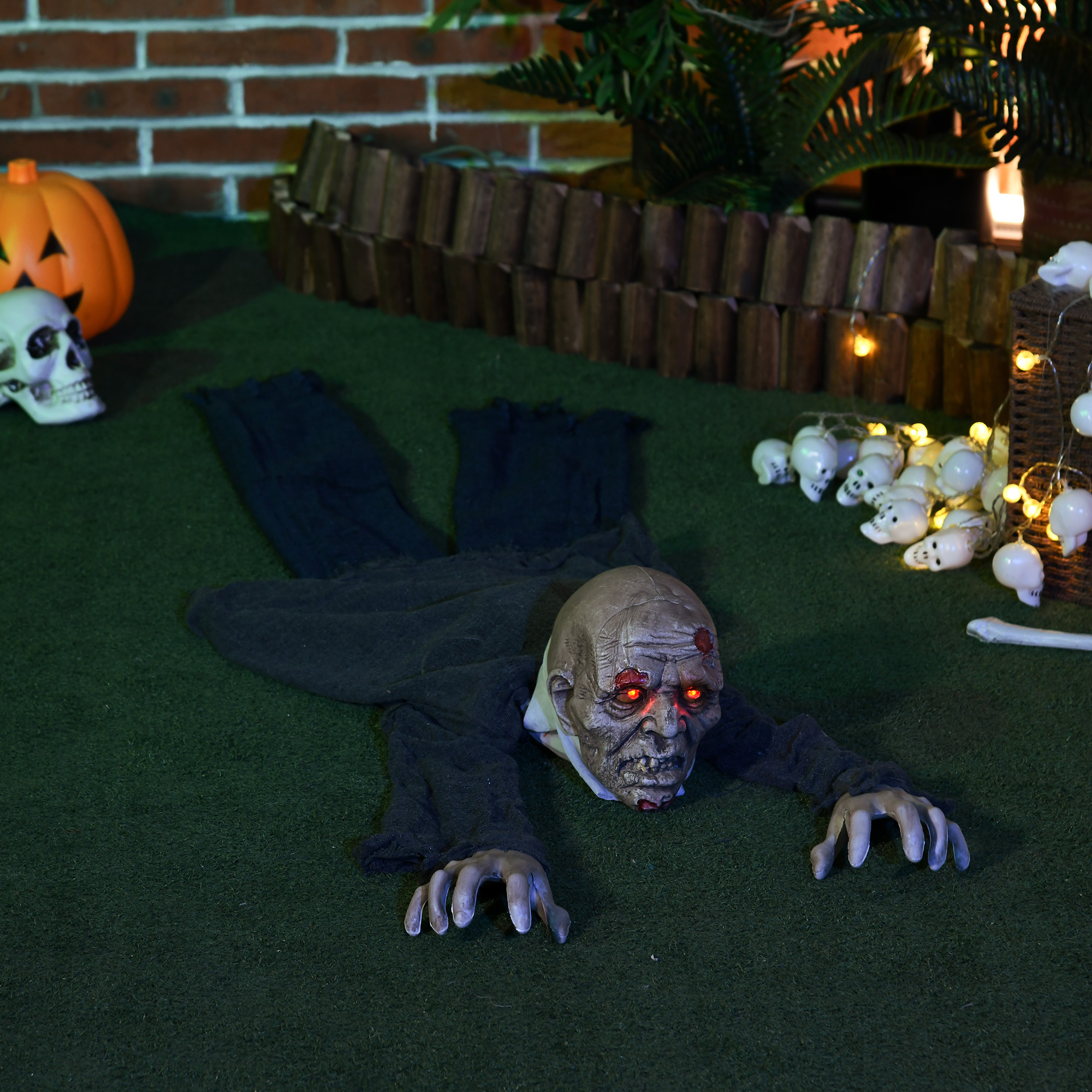 Halloween-Dekoration Zombie, LED-Augen, heult und kriecht, Geräusch- & Bewegungssensor, batteriebetrieben, 159 cm