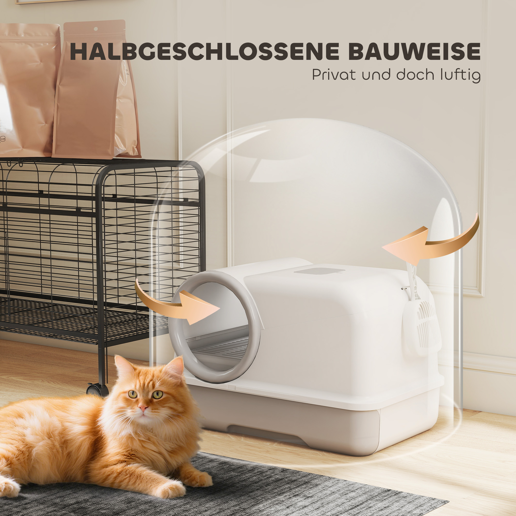 Katzentoilette mit Deckel Schaufel ausziehbares Tablett 2 Aktivkohlefilter für Katzen bis 5 kg 59x39,5x39,5cm Weiß+Grau