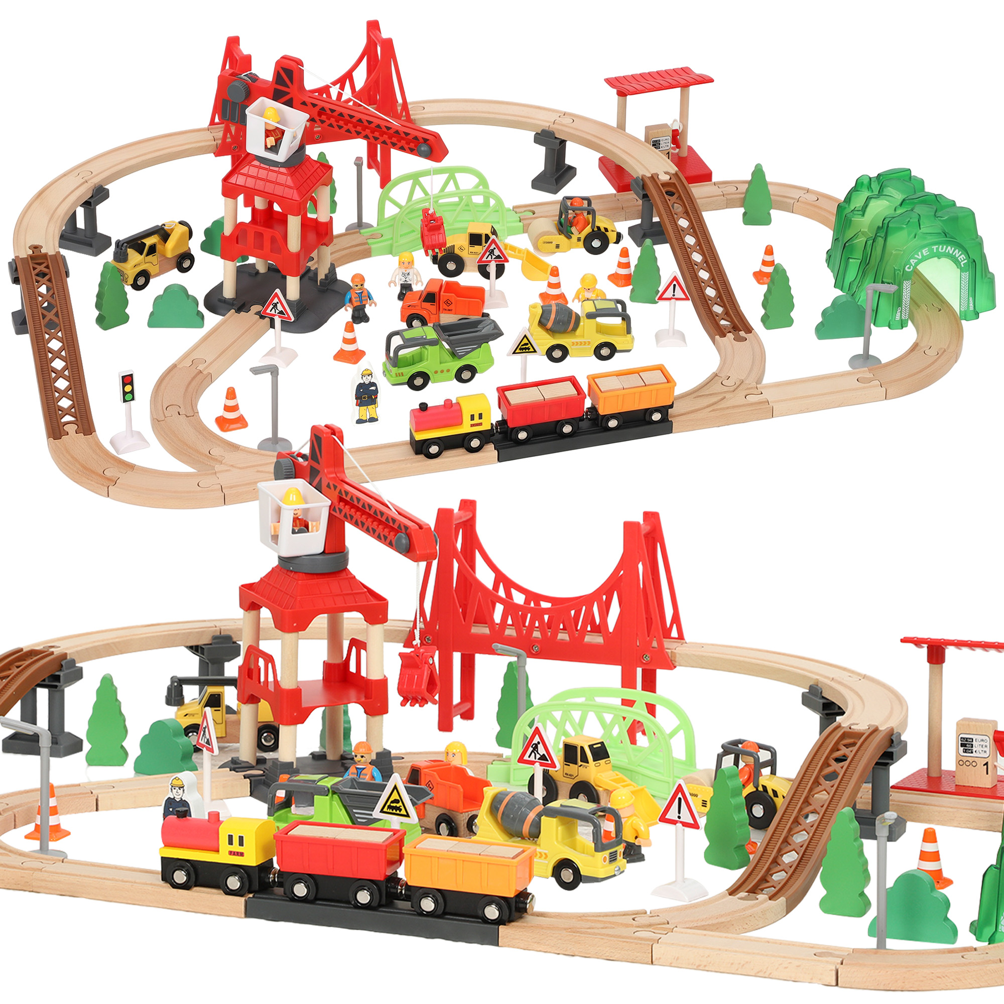 Holzeisenbahn Set 91 Stück Eisenbahn Set mit Kran Zügen Baufahrzeugen, Schienen Brücke für Kinder ab 3 Jahren